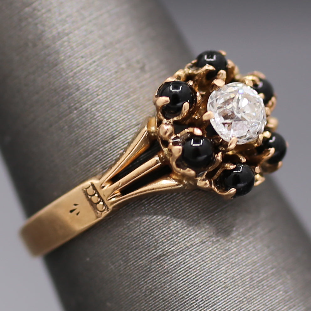 Victorian Old Mine Cut Diamond and Garnet Flower Engagement Ring in 14k Rose Gold