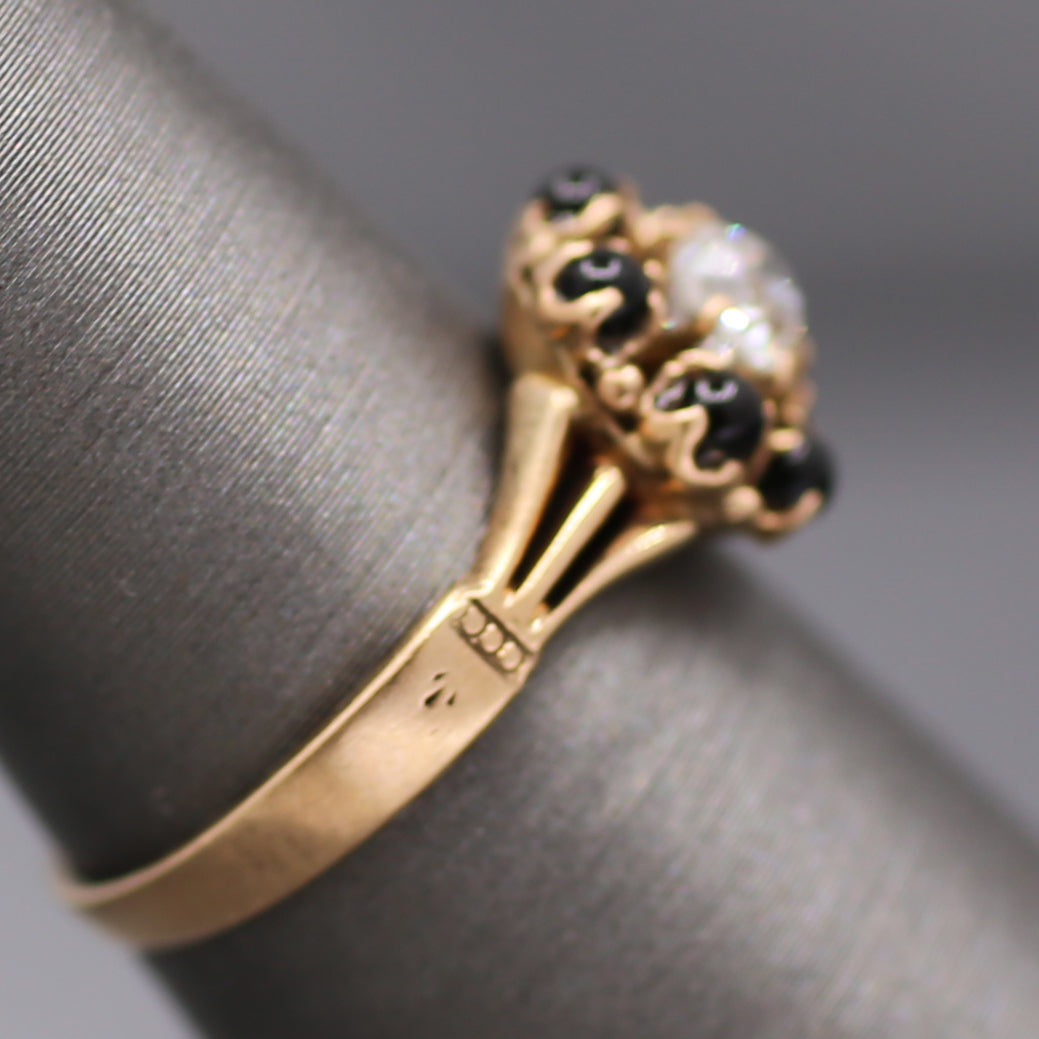 Victorian Old Mine Cut Diamond and Garnet Flower Engagement Ring in 14k Rose Gold