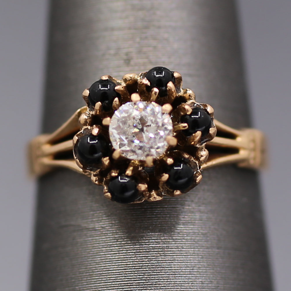 Victorian Old Mine Cut Diamond and Garnet Flower Engagement Ring in 14k Rose Gold