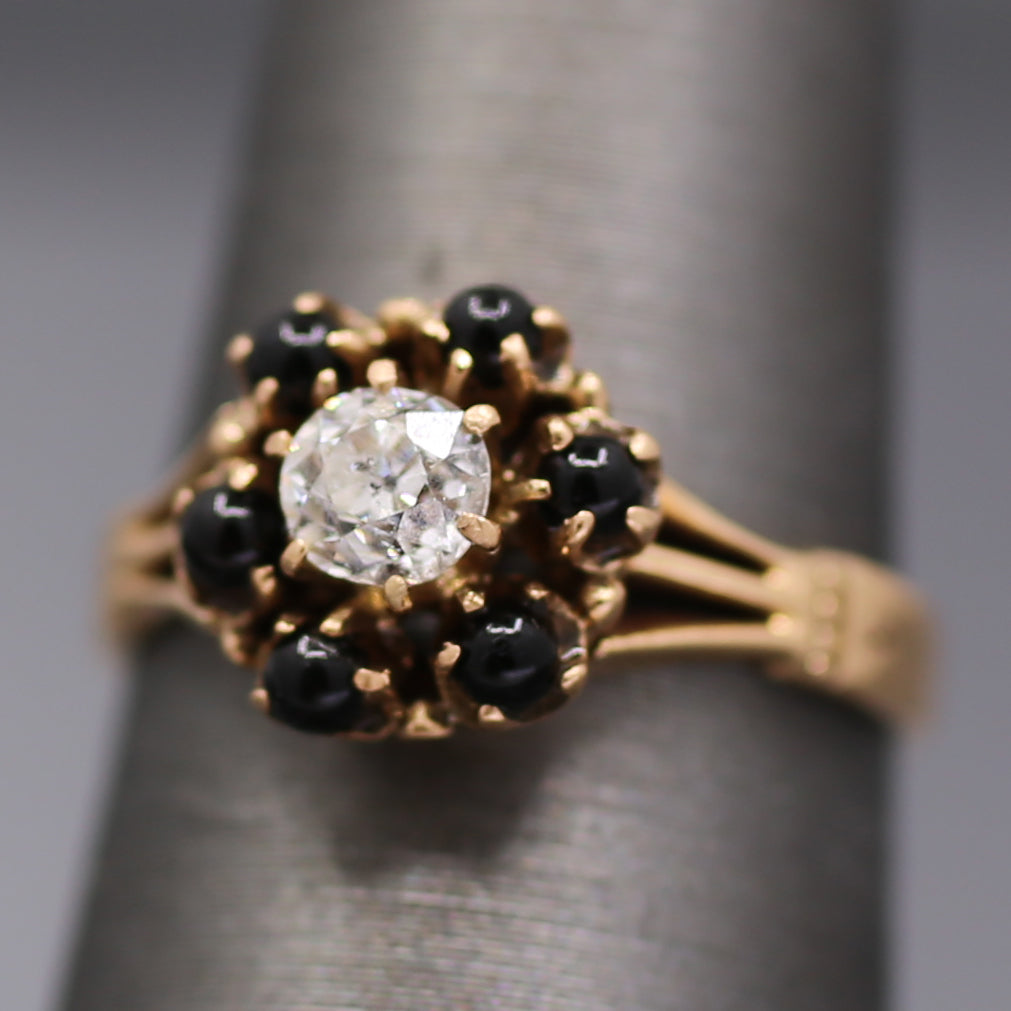 Victorian Old Mine Cut Diamond and Garnet Flower Engagement Ring in 14k Rose Gold