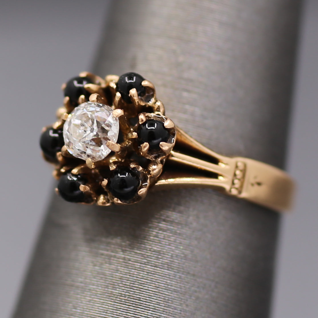 Victorian Old Mine Cut Diamond and Garnet Flower Engagement Ring in 14k Rose Gold