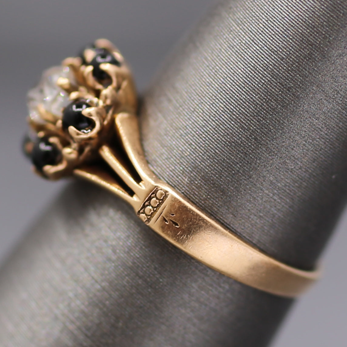 Victorian Old Mine Cut Diamond and Garnet Flower Engagement Ring in 14k Rose Gold