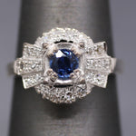 Art Deco Yogo Montana Sapphire and Diamond Ring in 14k White Gold