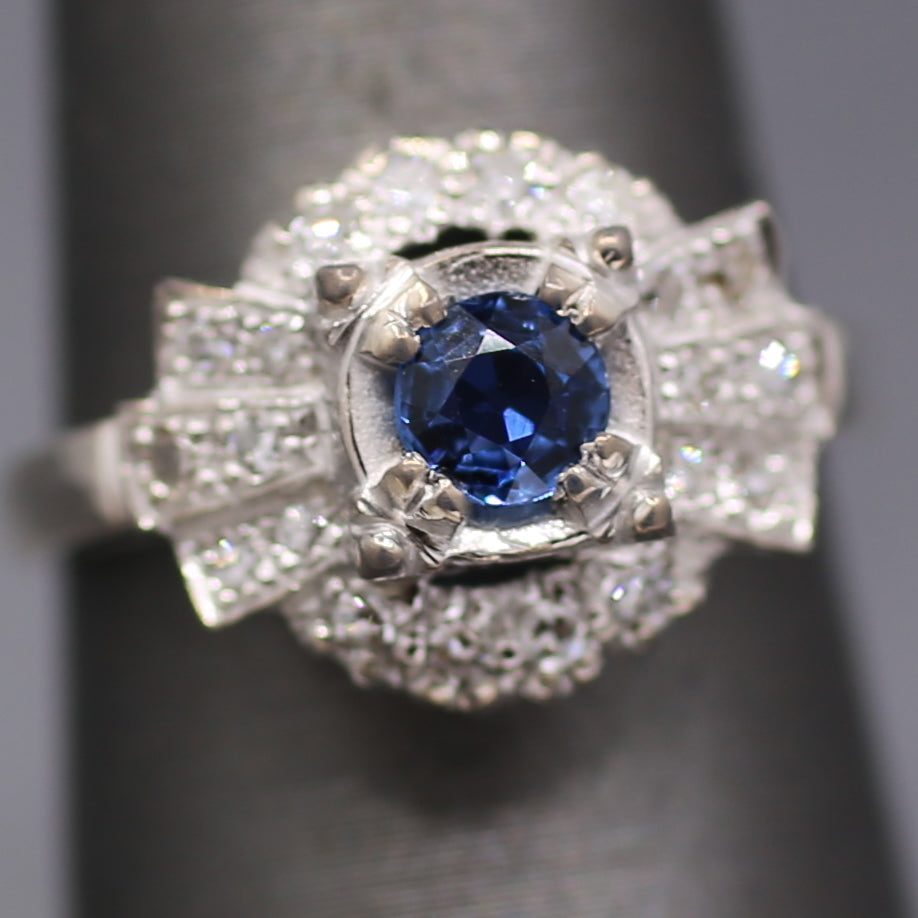 Art Deco Yogo Montana Sapphire and Diamond Ring in 14k White Gold