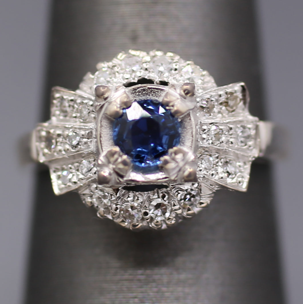 Art Deco Yogo Montana Sapphire and Diamond Ring in 14k White Gold