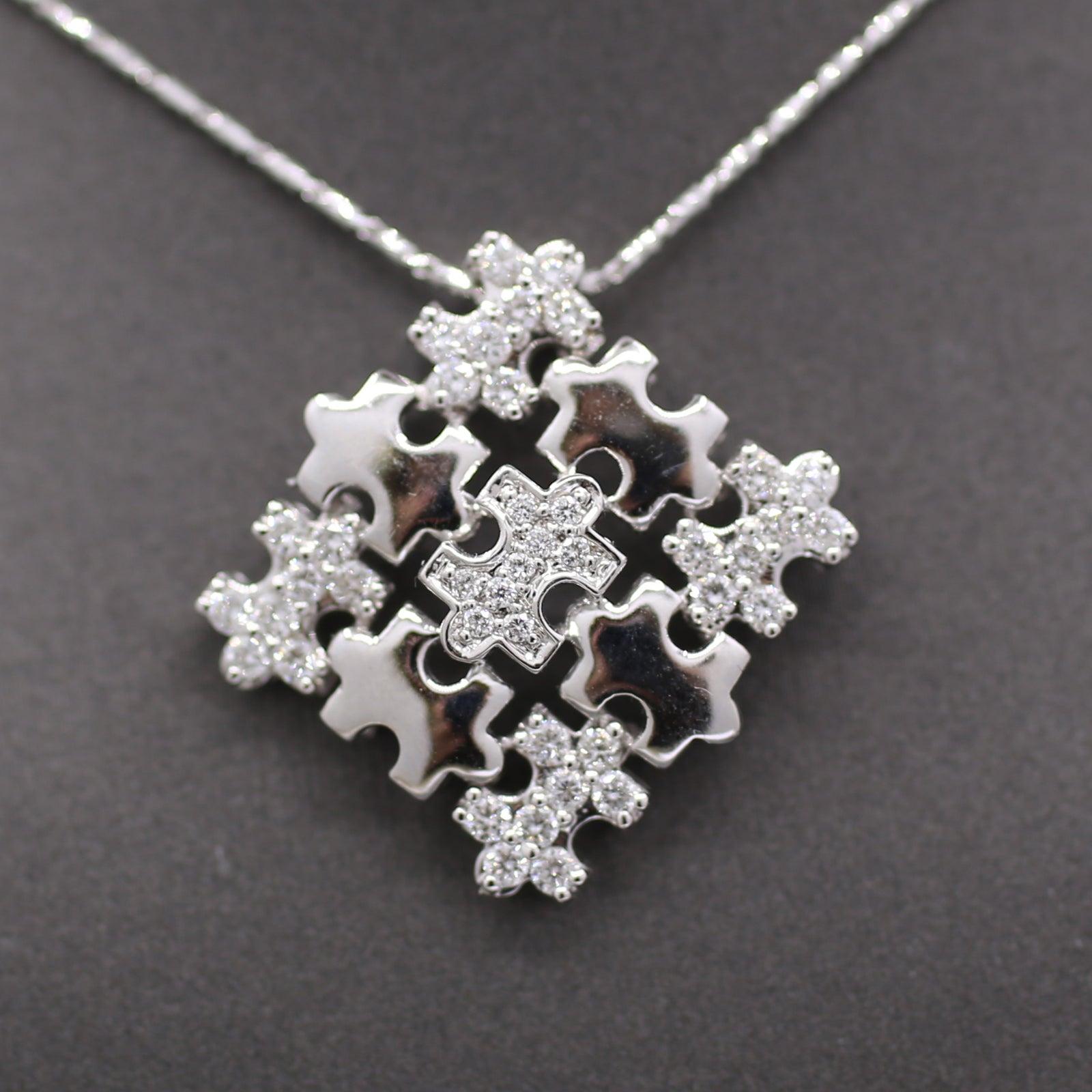 Sparkling Pave' Diamond Puzzle Pieces Necklace in 18k White Gold