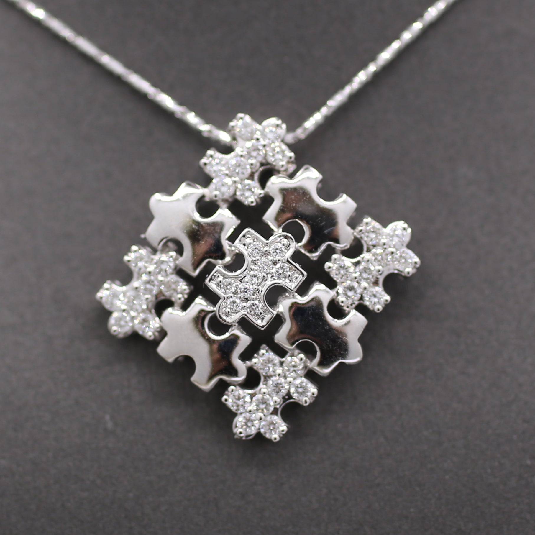 Sparkling Pave' Diamond Puzzle Pieces Necklace in 18k White Gold