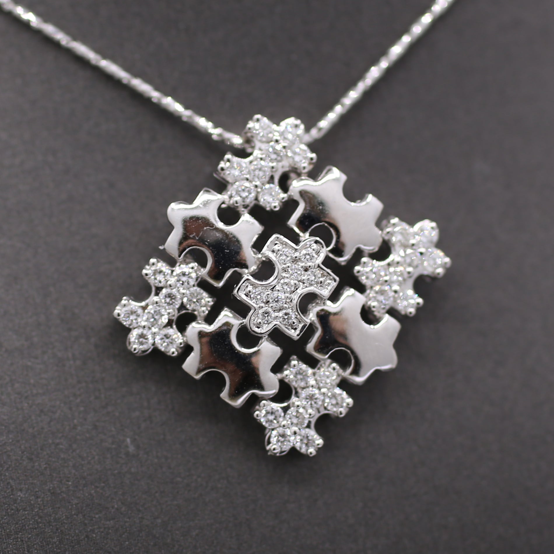 Sparkling Pave' Diamond Puzzle Pieces Necklace in 18k White Gold