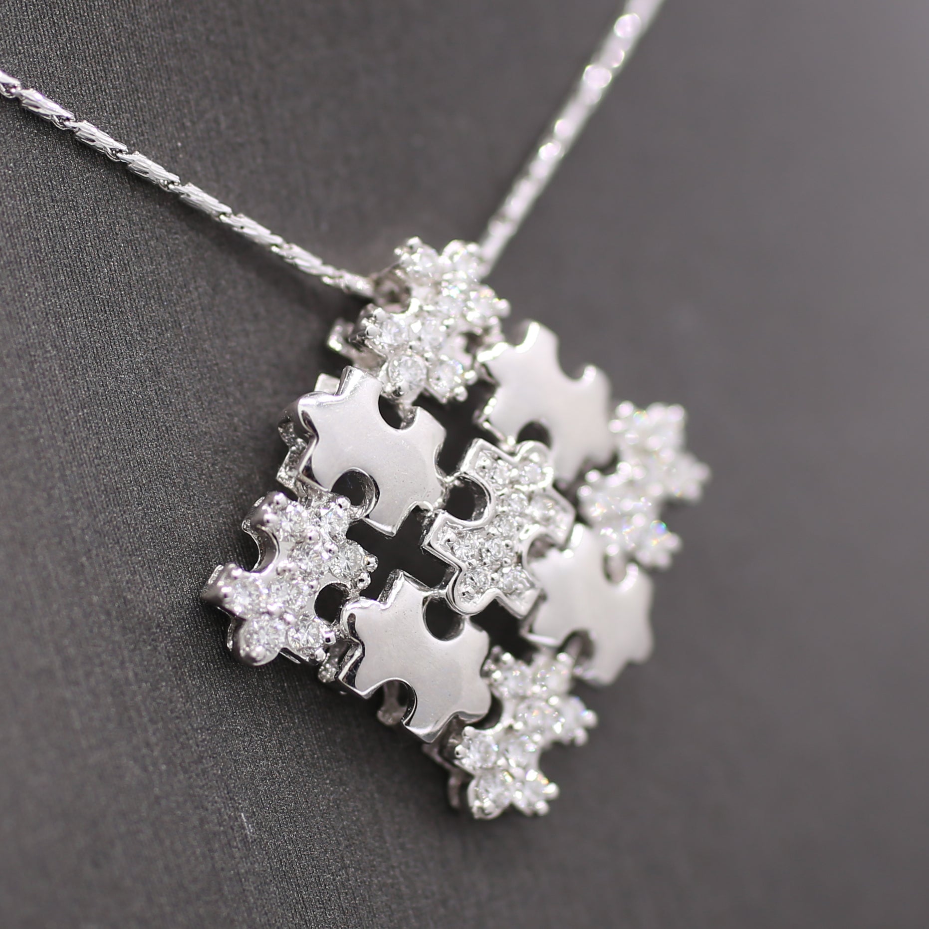 Sparkling Pave' Diamond Puzzle Pieces Necklace in 18k White Gold