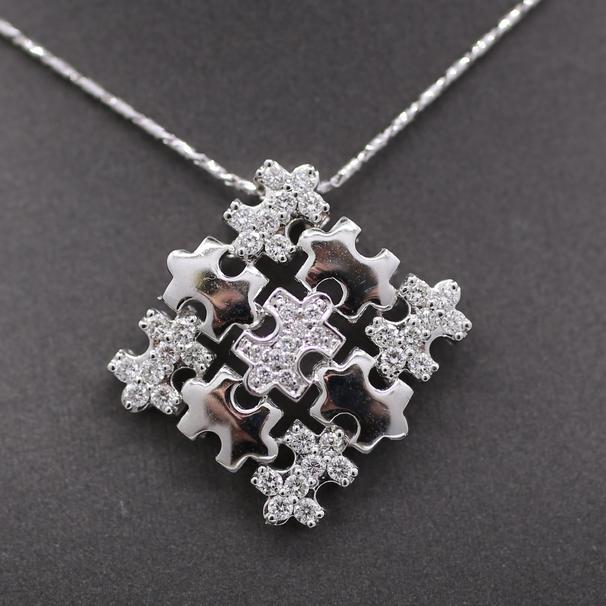 Sparkling Pave' Diamond Puzzle Pieces Necklace in 18k White Gold