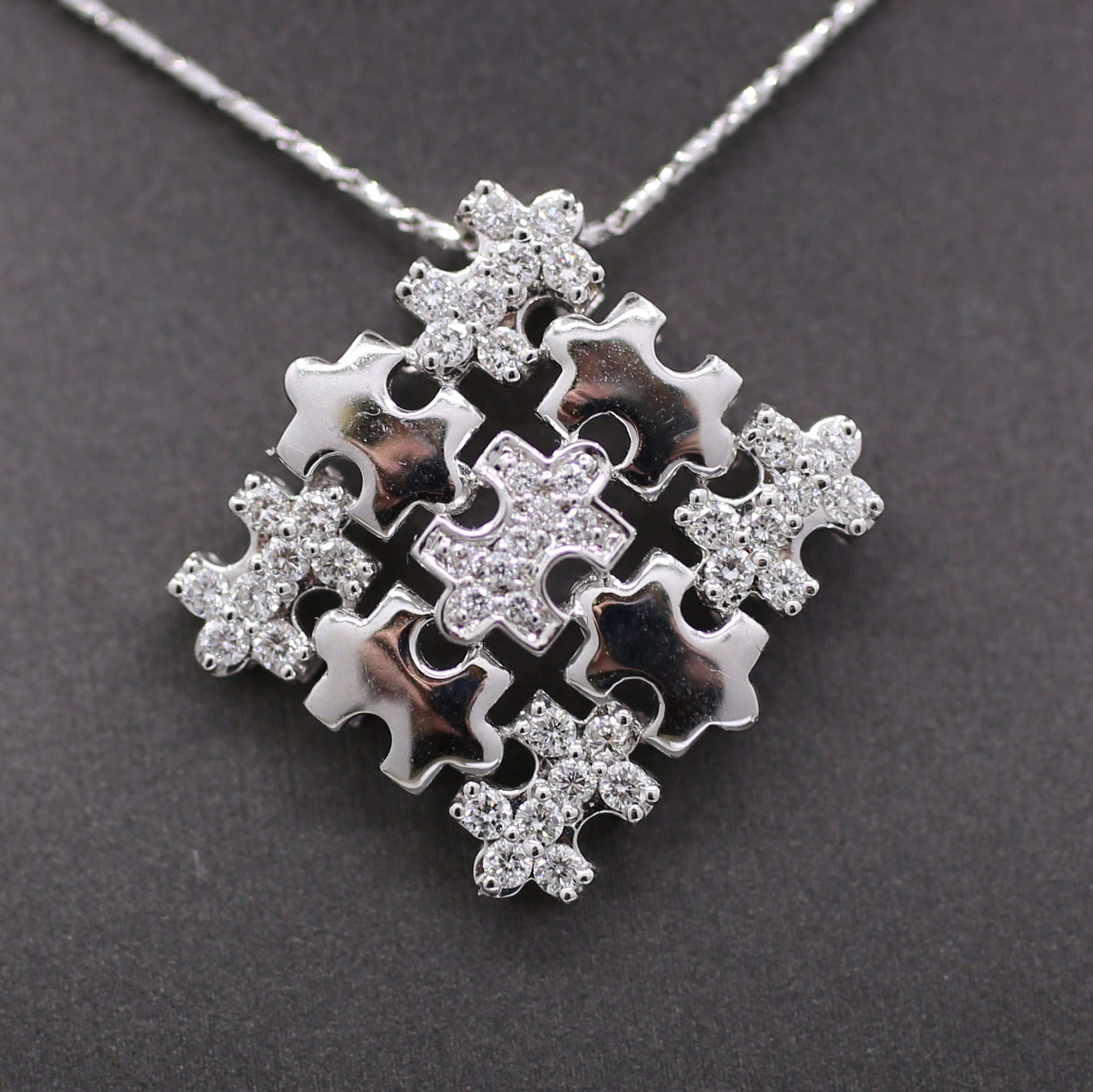 Sparkling Pave' Diamond Puzzle Pieces Necklace in 18k White Gold