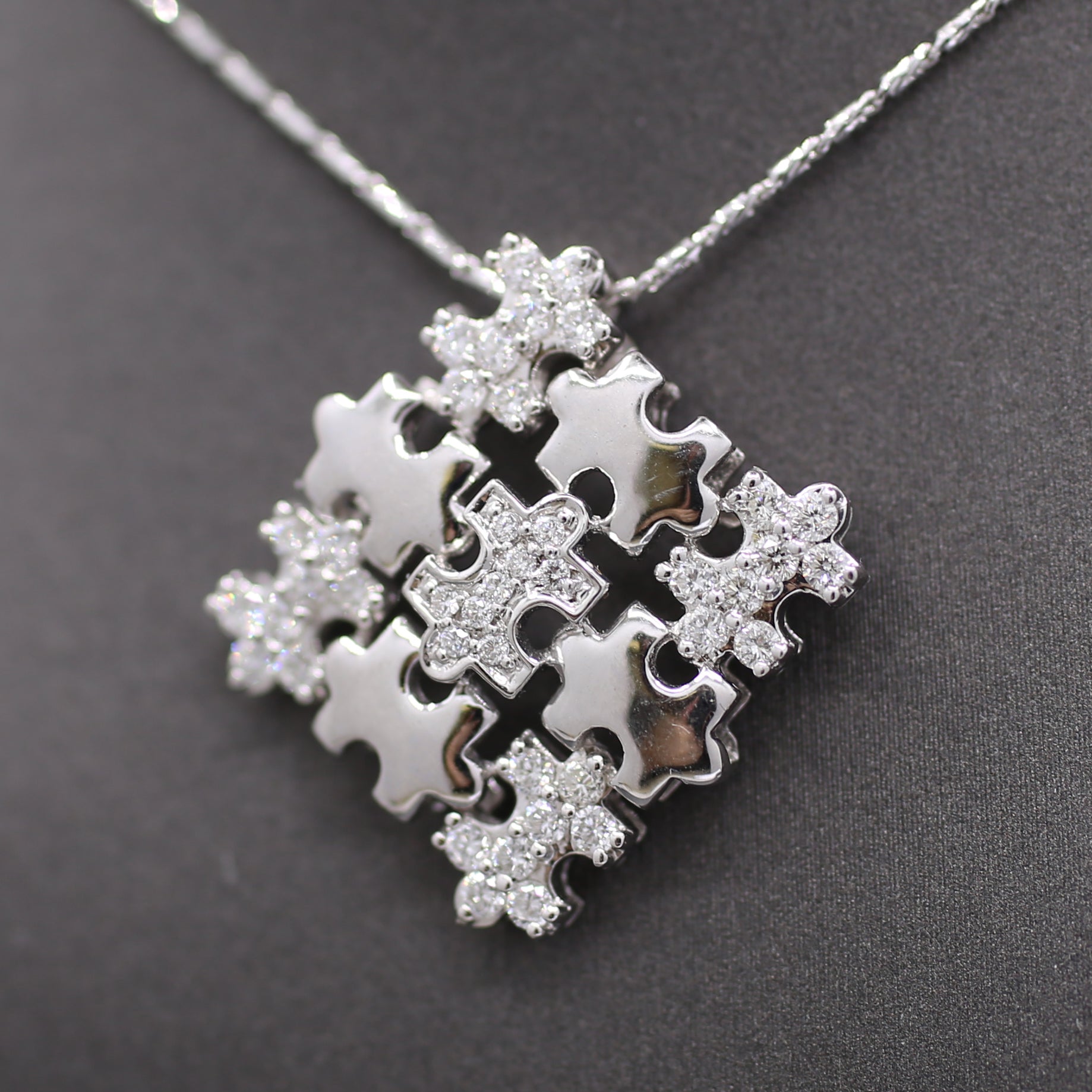 Sparkling Pave' Diamond Puzzle Pieces Necklace in 18k White Gold