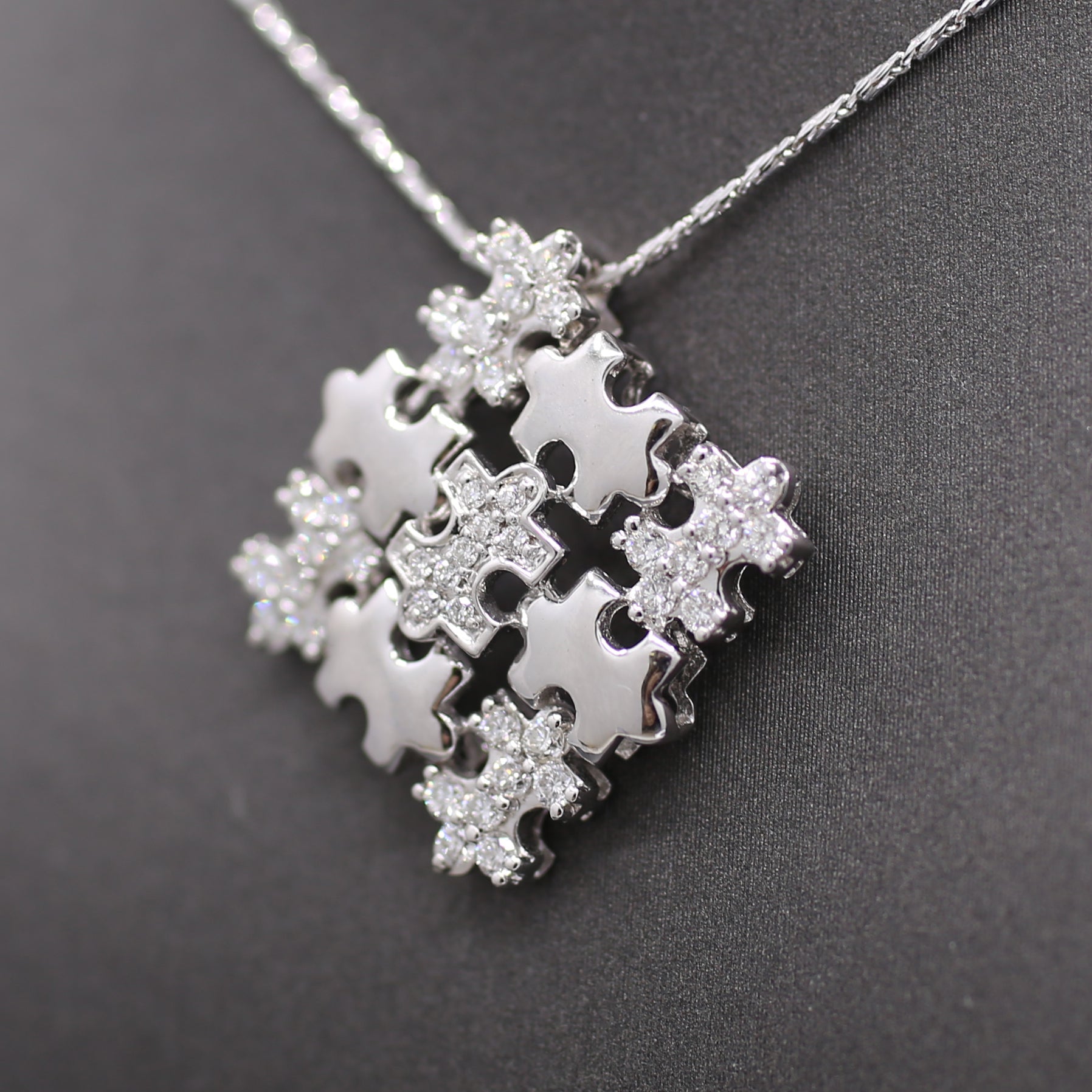 Sparkling Pave' Diamond Puzzle Pieces Necklace in 18k White Gold