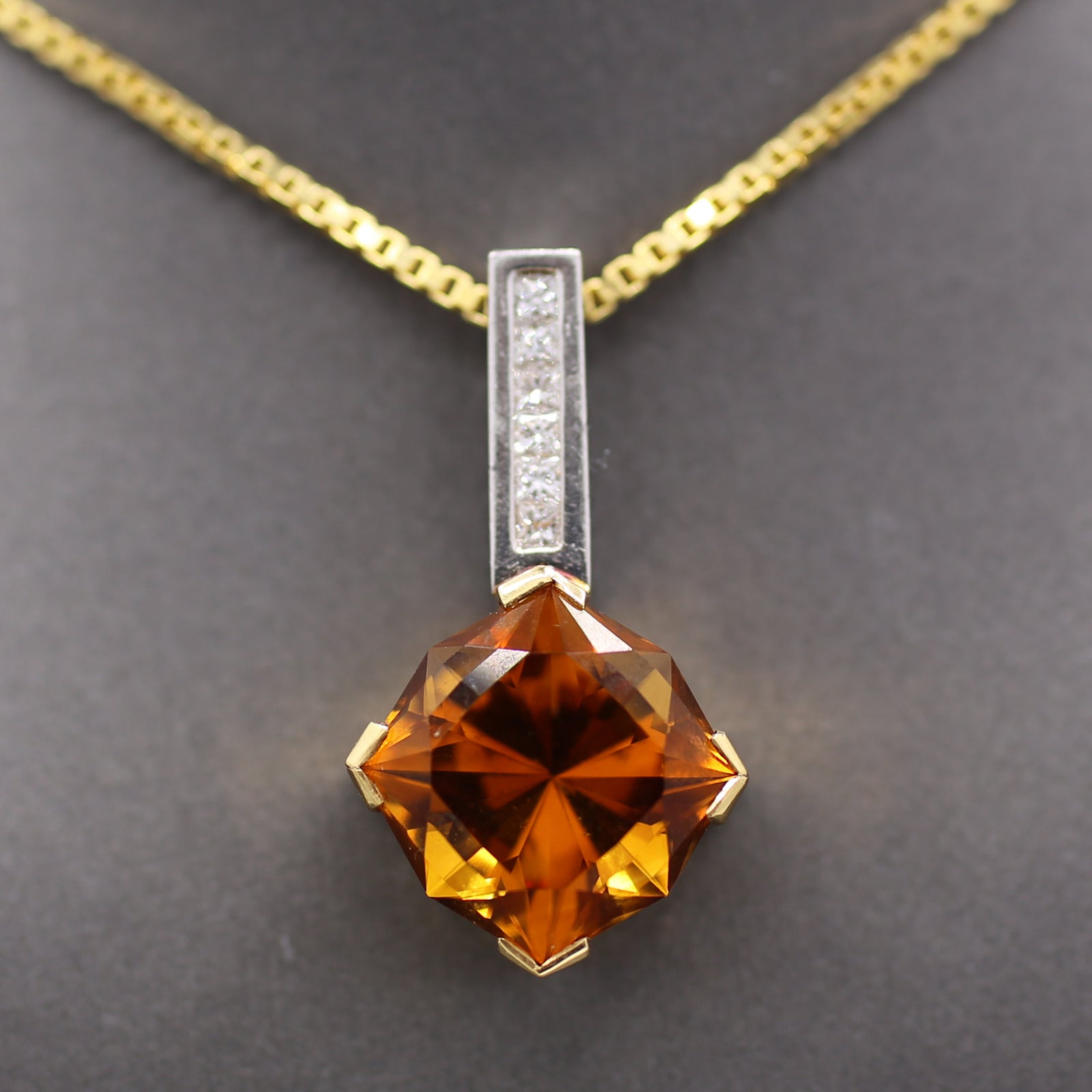 Precision Cut Citrine & Princess Cut Diamond Pendant Necklace in Platinum and 18k