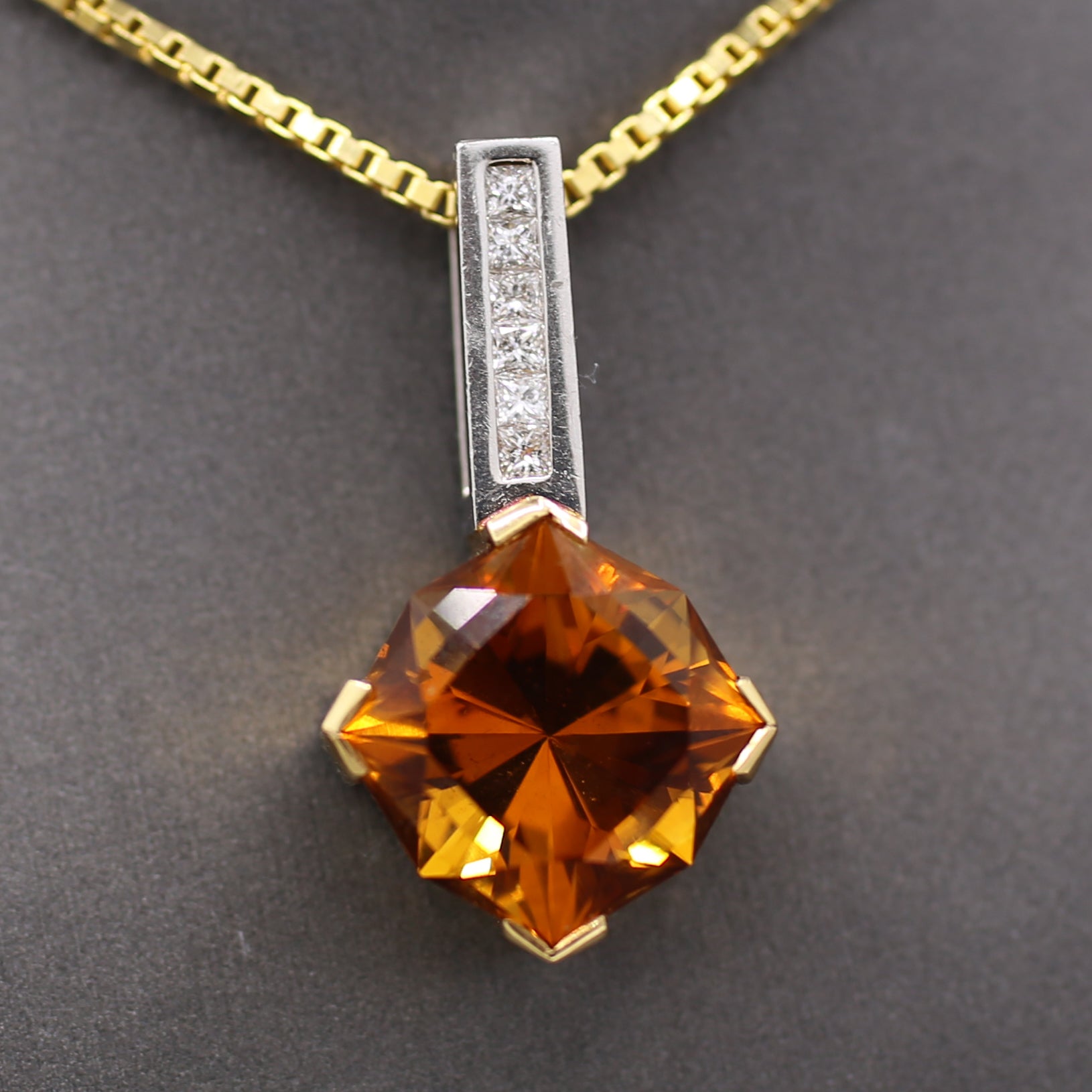 Precision Cut Citrine & Princess Cut Diamond Pendant Necklace in Platinum and 18k