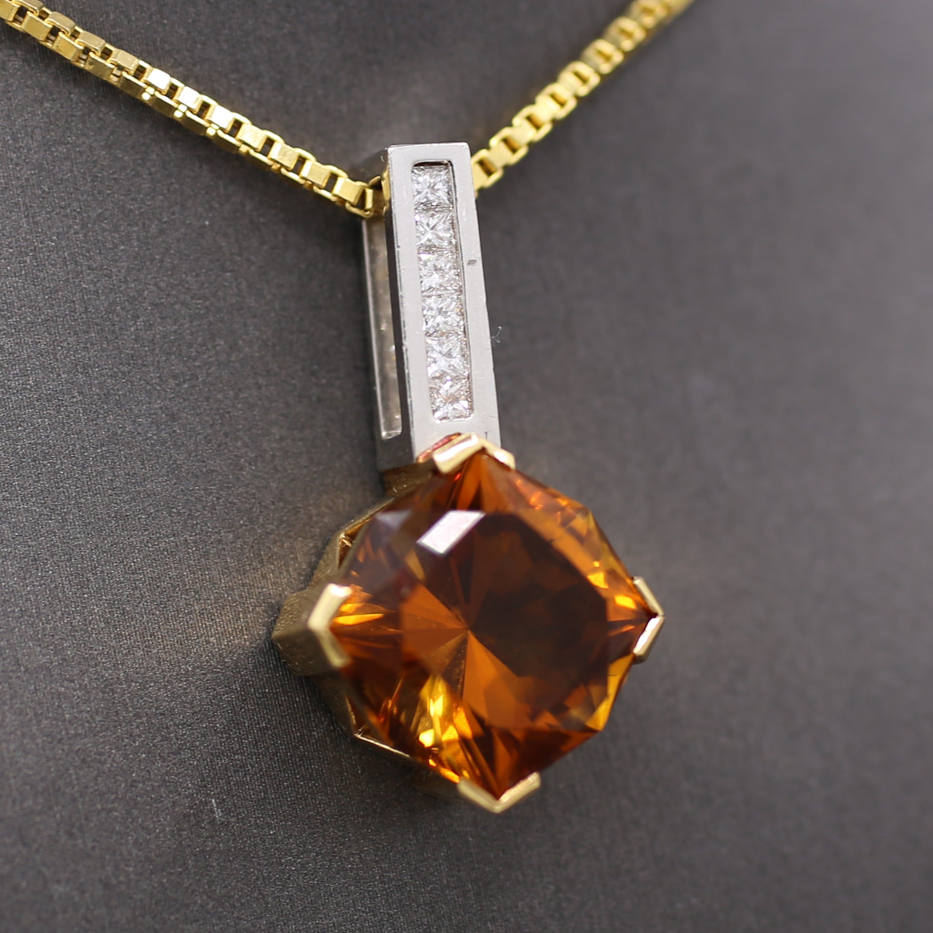Precision Cut Citrine & Princess Cut Diamond Pendant Necklace in Platinum and 18k