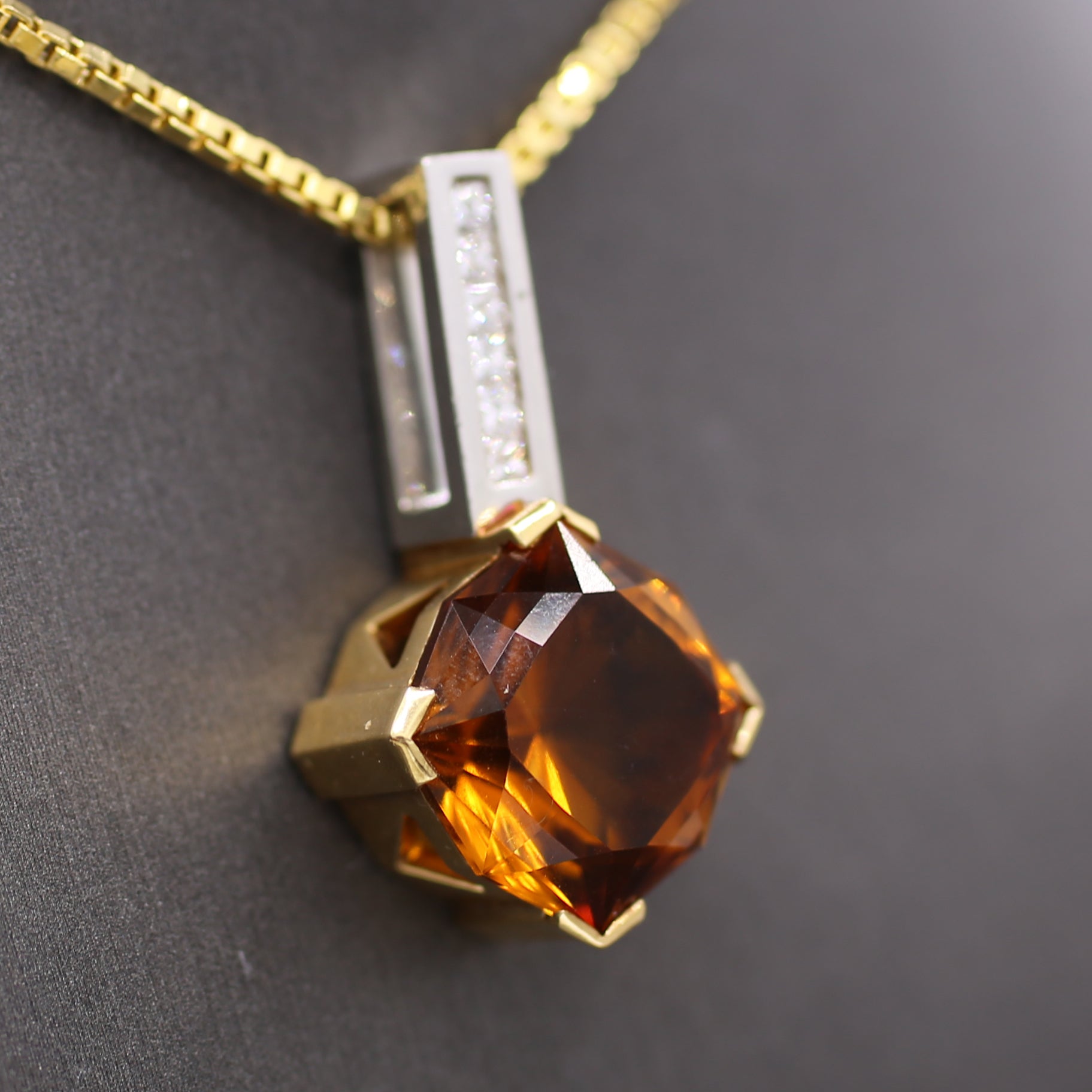 Precision Cut Citrine & Princess Cut Diamond Pendant Necklace in Platinum and 18k