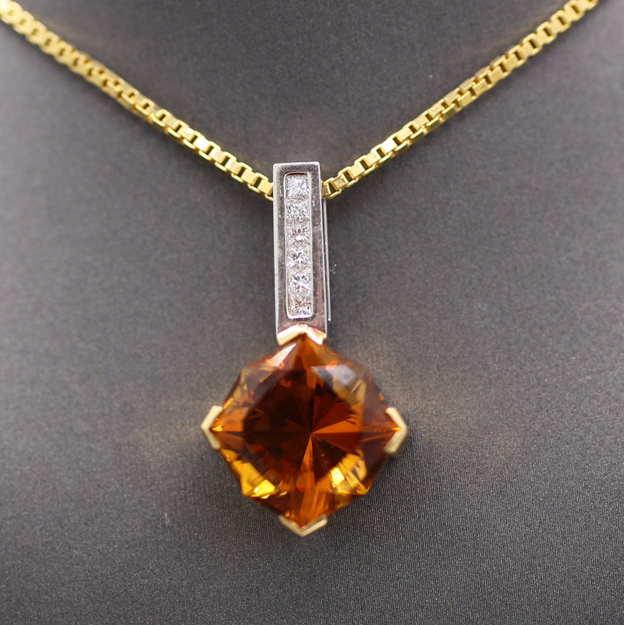 Precision Cut Citrine & Princess Cut Diamond Pendant Necklace in Platinum and 18k