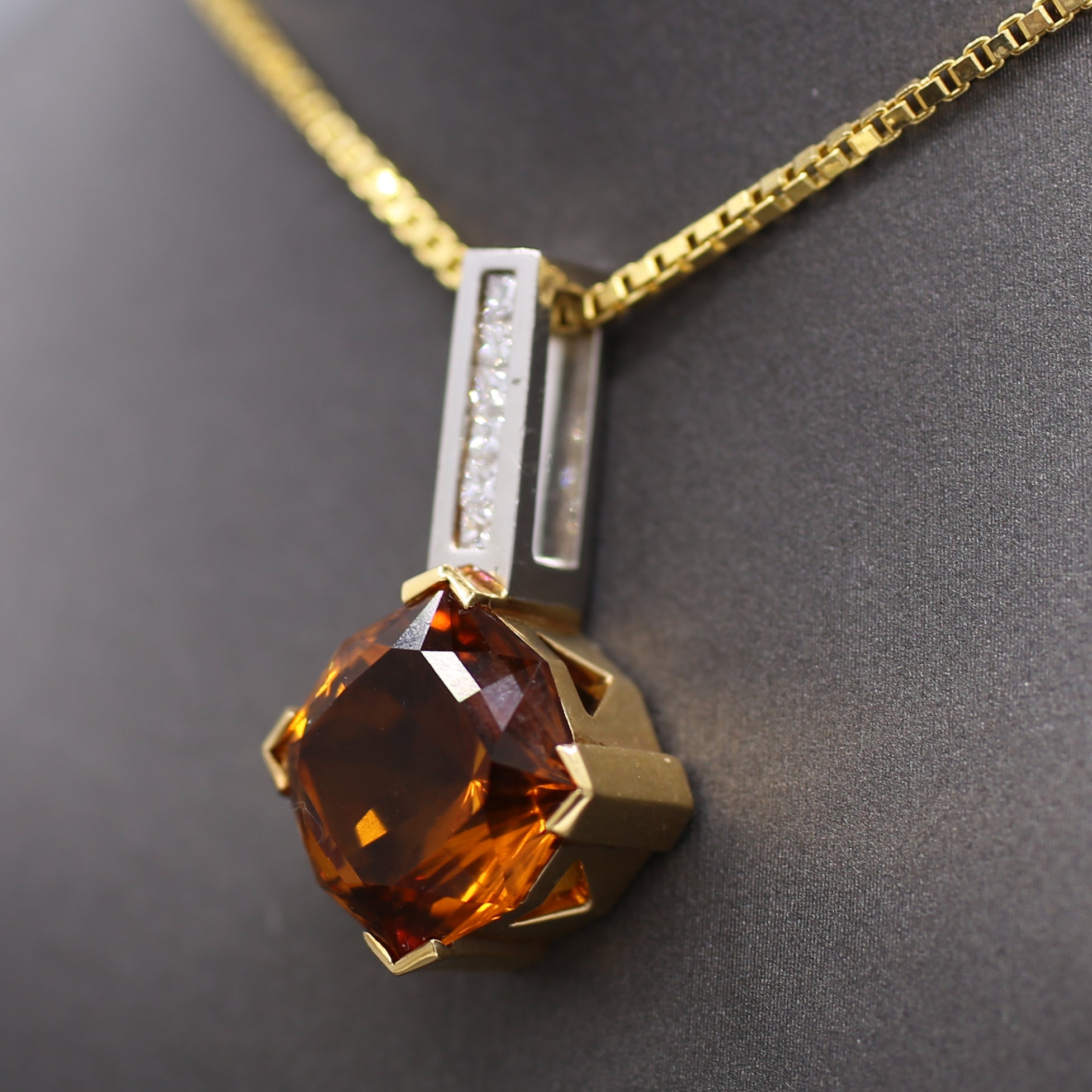 Precision Cut Citrine & Princess Cut Diamond Pendant Necklace in Platinum and 18k