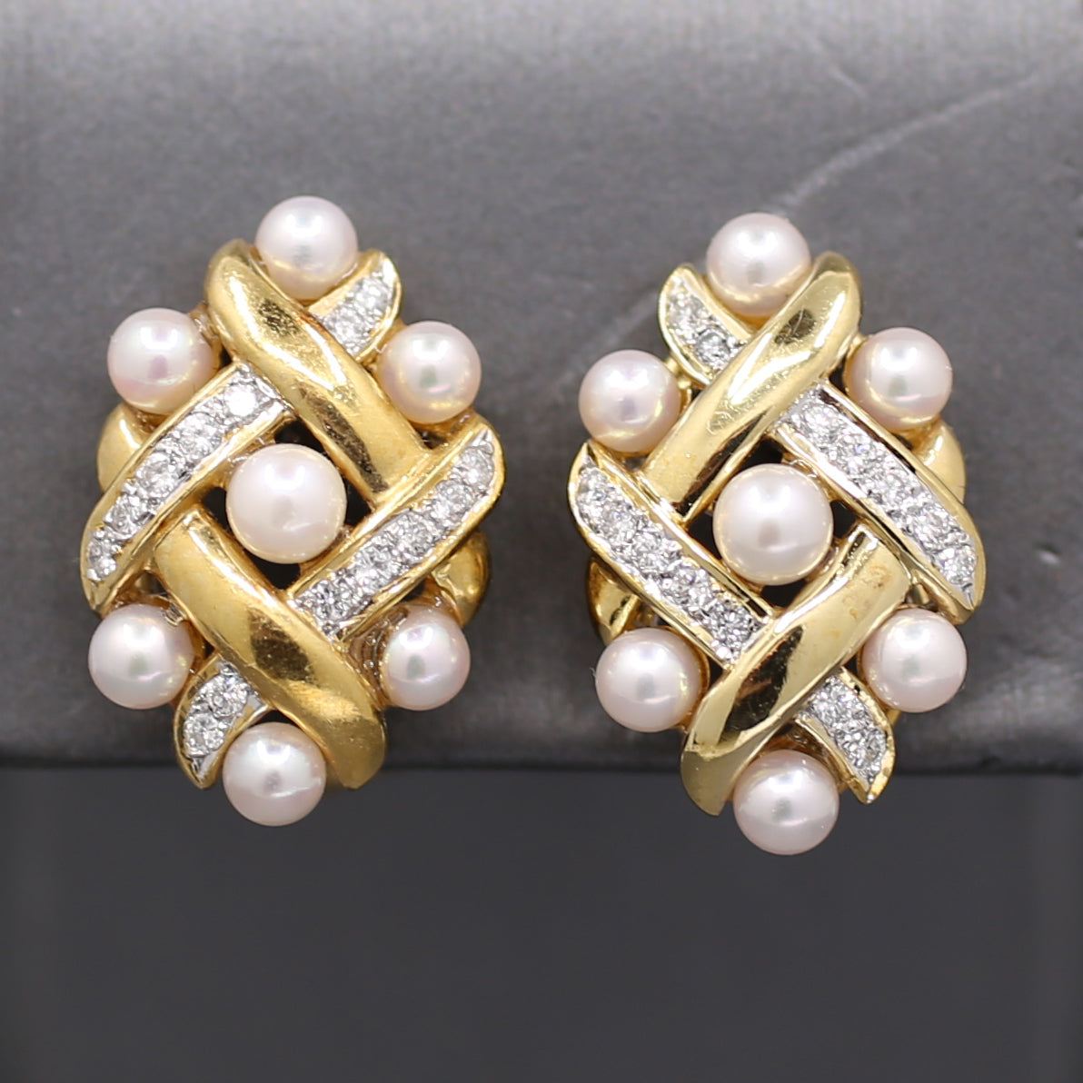 Ornate Pearl and Diamond Woven Earrings with Omega Back Clasps in 14k Yellow Gold