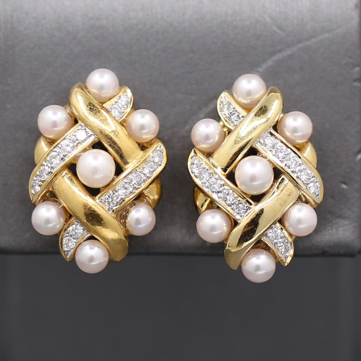 Ornate Pearl and Diamond Woven Earrings with Omega Back Clasps in 14k Yellow Gold