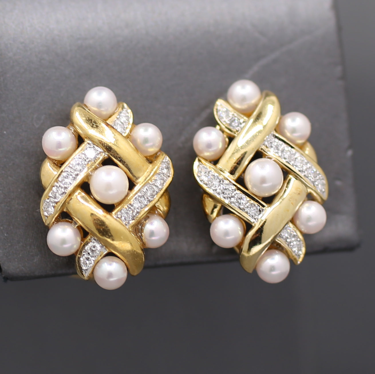 Ornate Pearl and Diamond Woven Earrings with Omega Back Clasps in 14k Yellow Gold