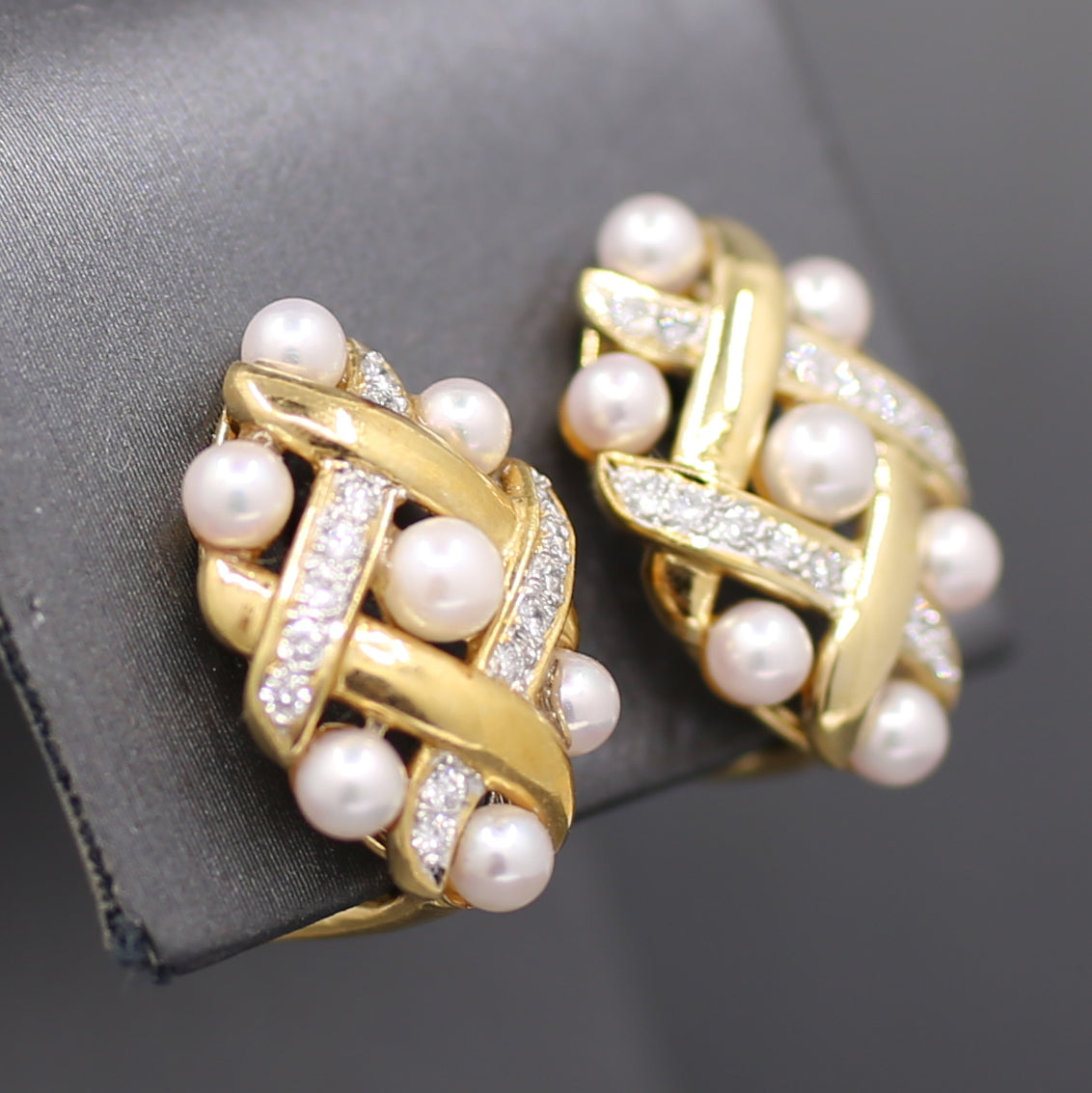 Ornate Pearl and Diamond Woven Earrings with Omega Back Clasps in 14k Yellow Gold