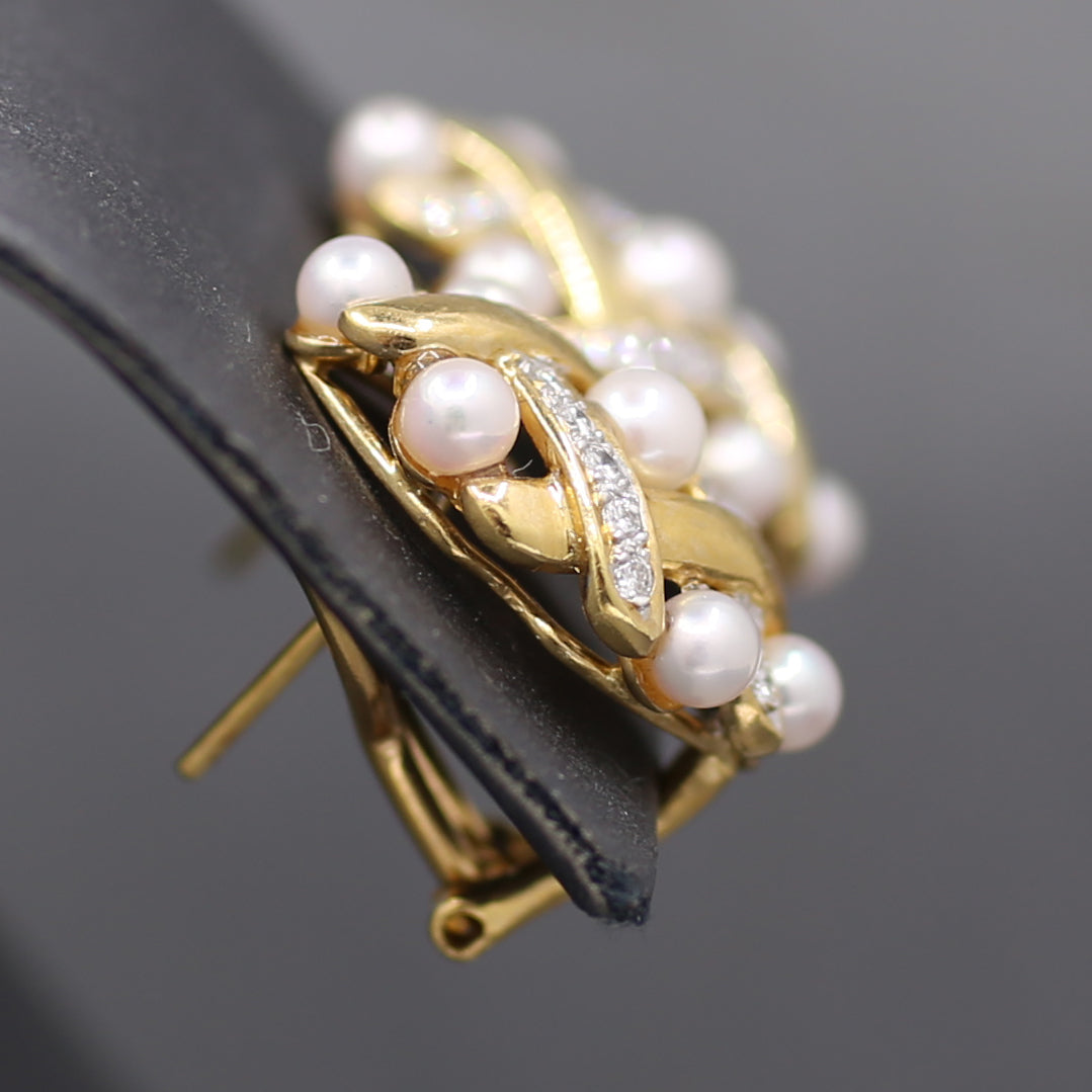 Ornate Pearl and Diamond Woven Earrings with Omega Back Clasps in 14k Yellow Gold