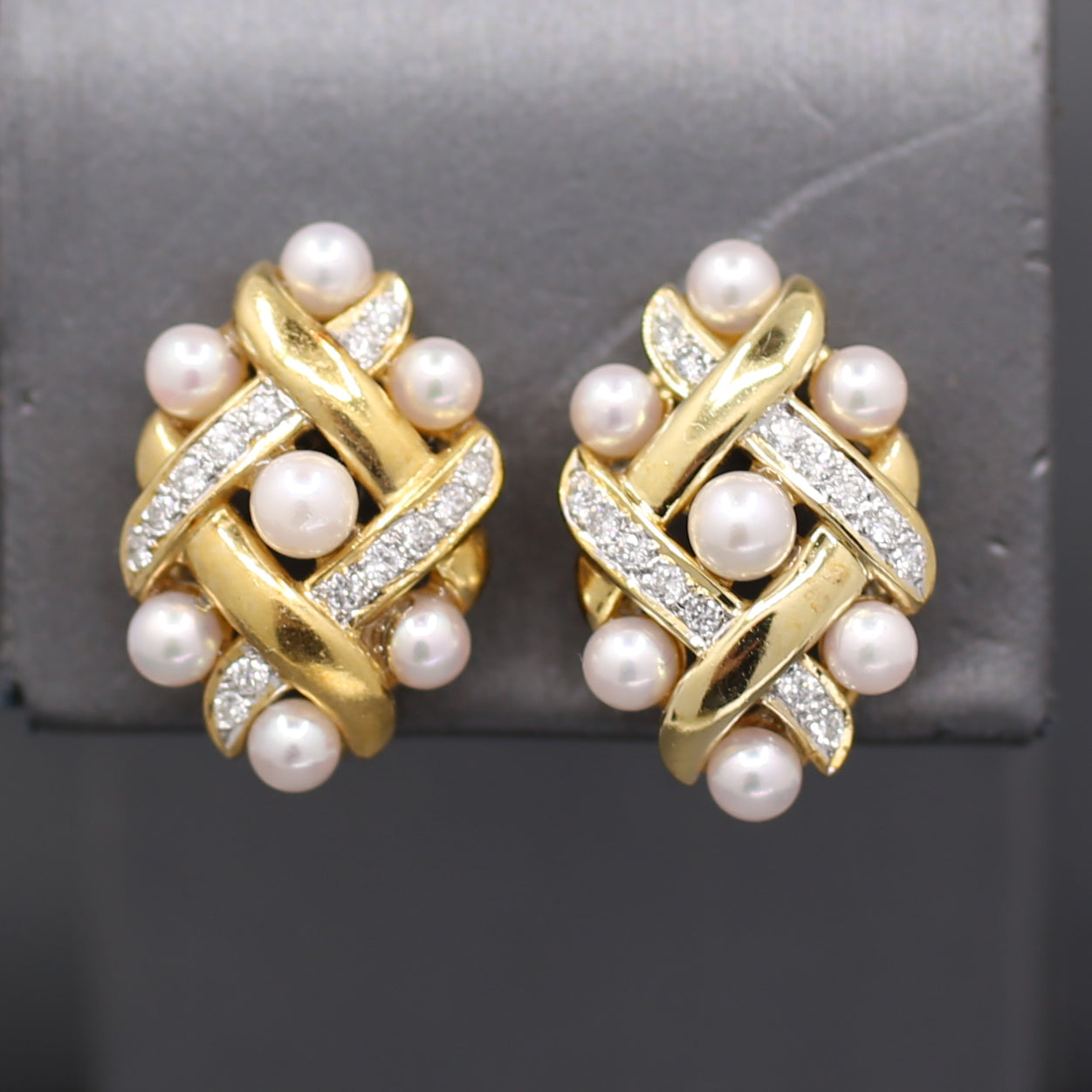 Ornate Pearl and Diamond Woven Earrings with Omega Back Clasps in 14k Yellow Gold
