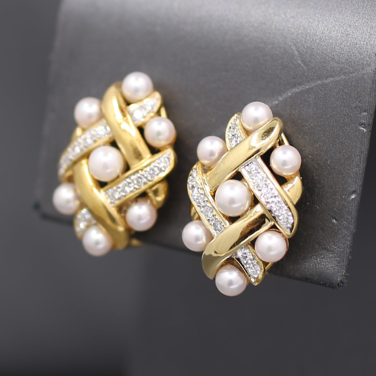 Ornate Pearl and Diamond Woven Earrings with Omega Back Clasps in 14k Yellow Gold