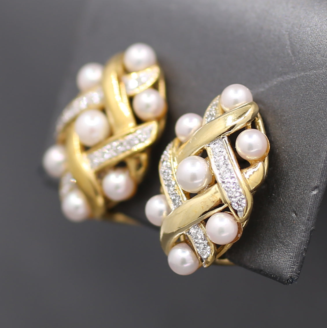 Ornate Pearl and Diamond Woven Earrings with Omega Back Clasps in 14k Yellow Gold