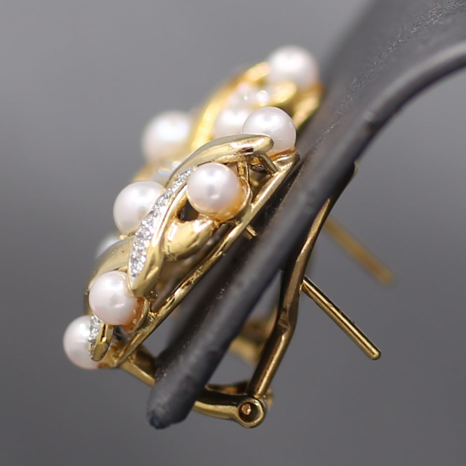 Ornate Pearl and Diamond Woven Earrings with Omega Back Clasps in 14k Yellow Gold