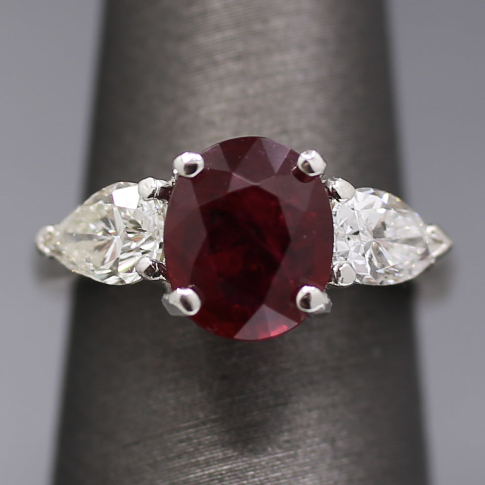 GIA Certified Natural Ruby and Pear Cut Diamond Ring in Platinum