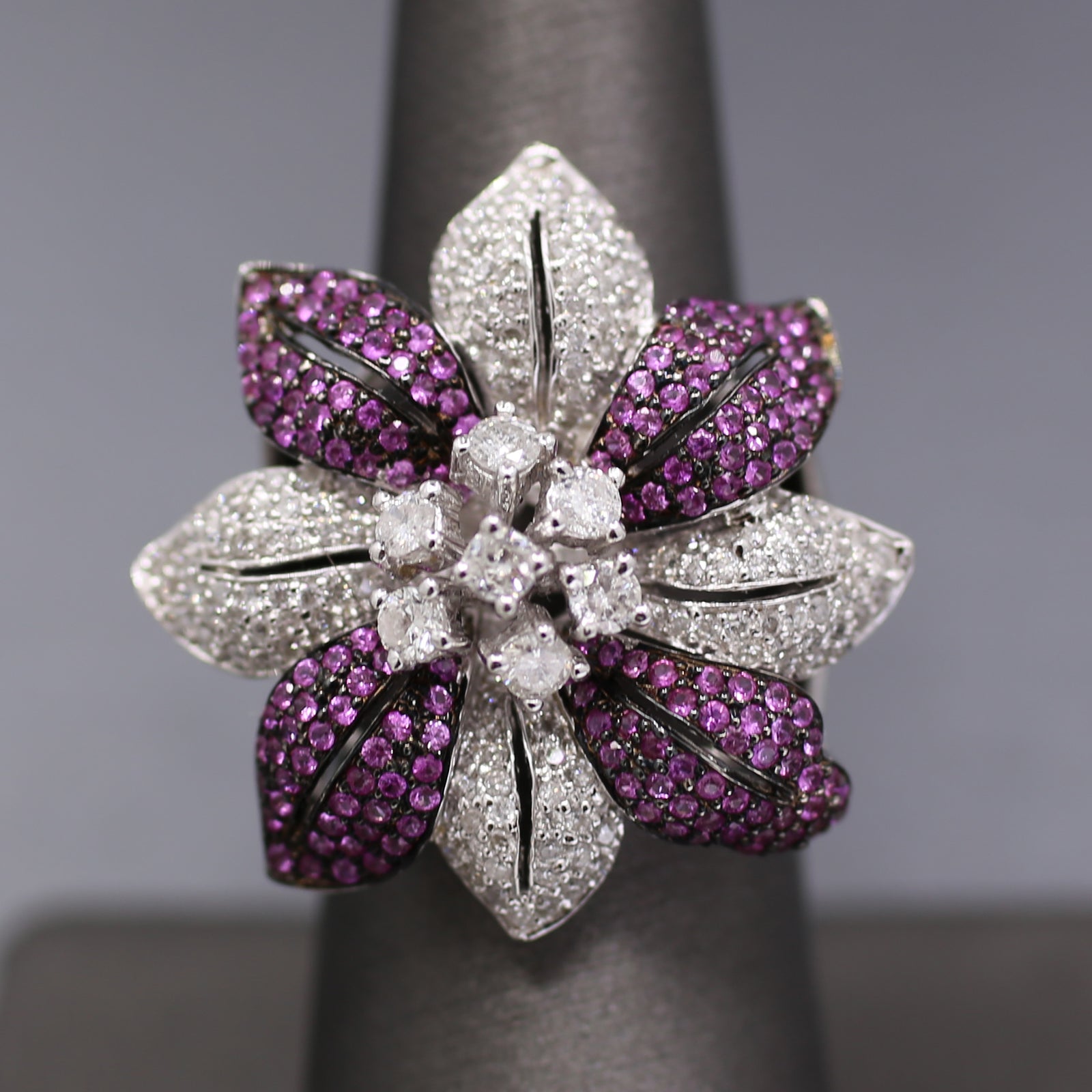 Bold Pink Sapphire and Diamond Flower Cocktail Ring in 18k White Gold