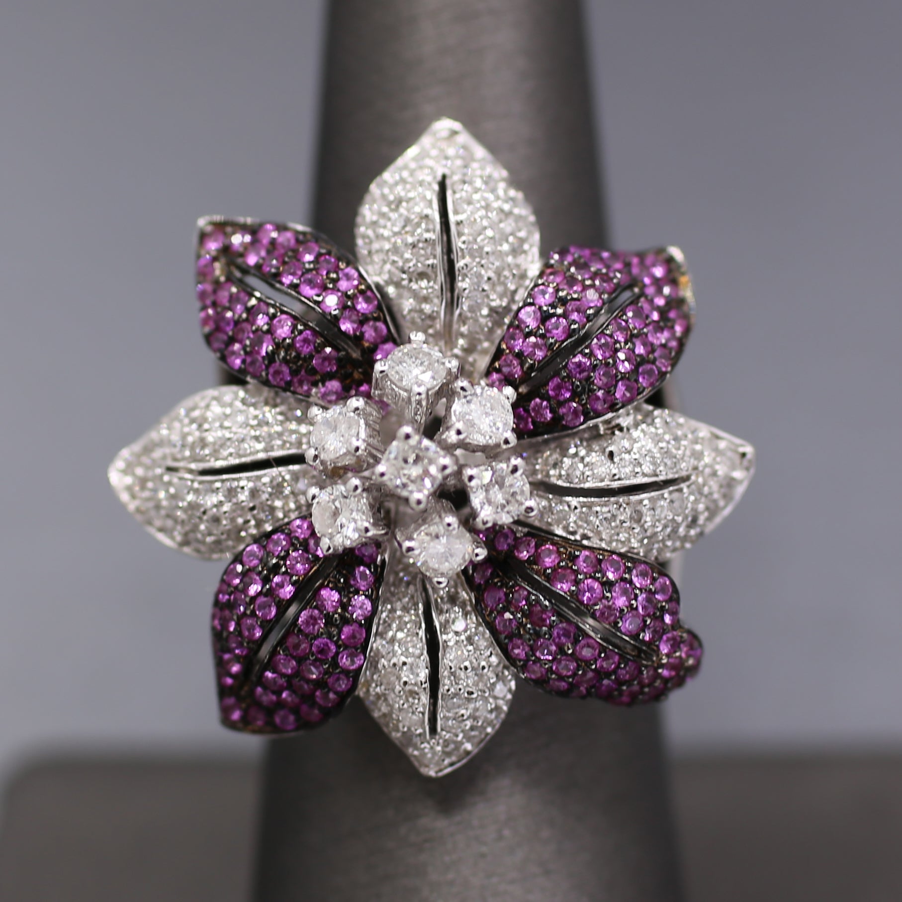 Bold Pink Sapphire and Diamond Flower Cocktail Ring in 18k White Gold