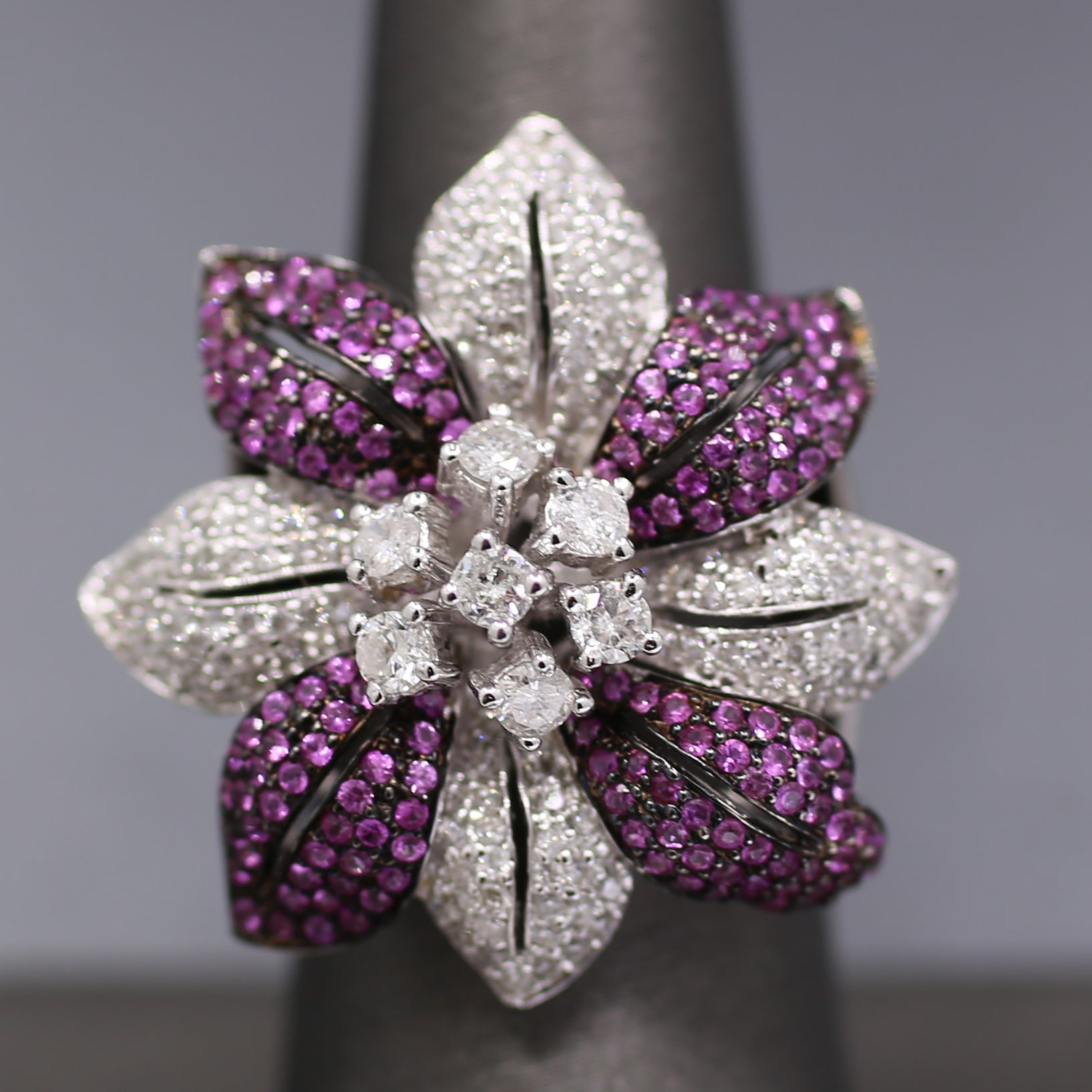 Bold Pink Sapphire and Diamond Flower Cocktail Ring in 18k White Gold