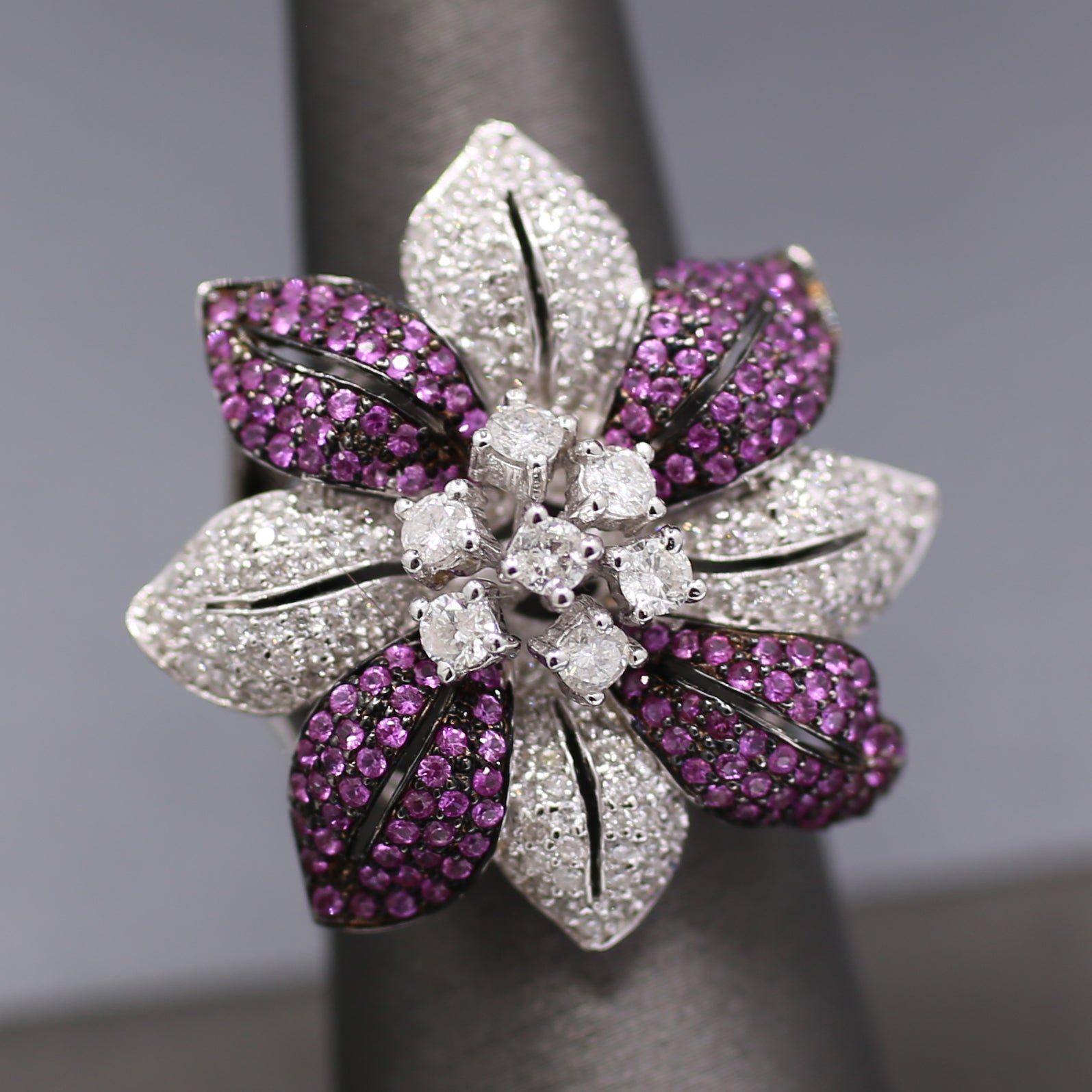Bold Pink Sapphire and Diamond Flower Cocktail Ring in 18k White Gold
