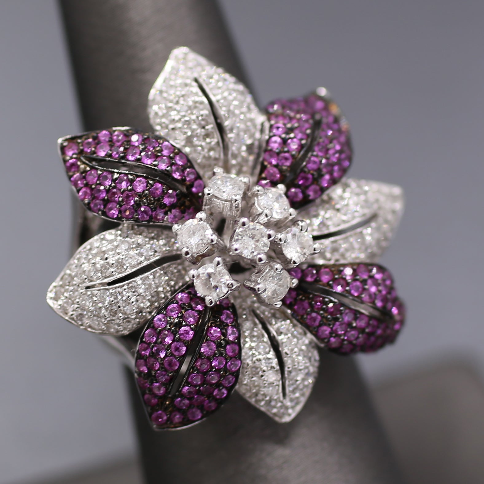 Bold Pink Sapphire and Diamond Flower Cocktail Ring in 18k White Gold