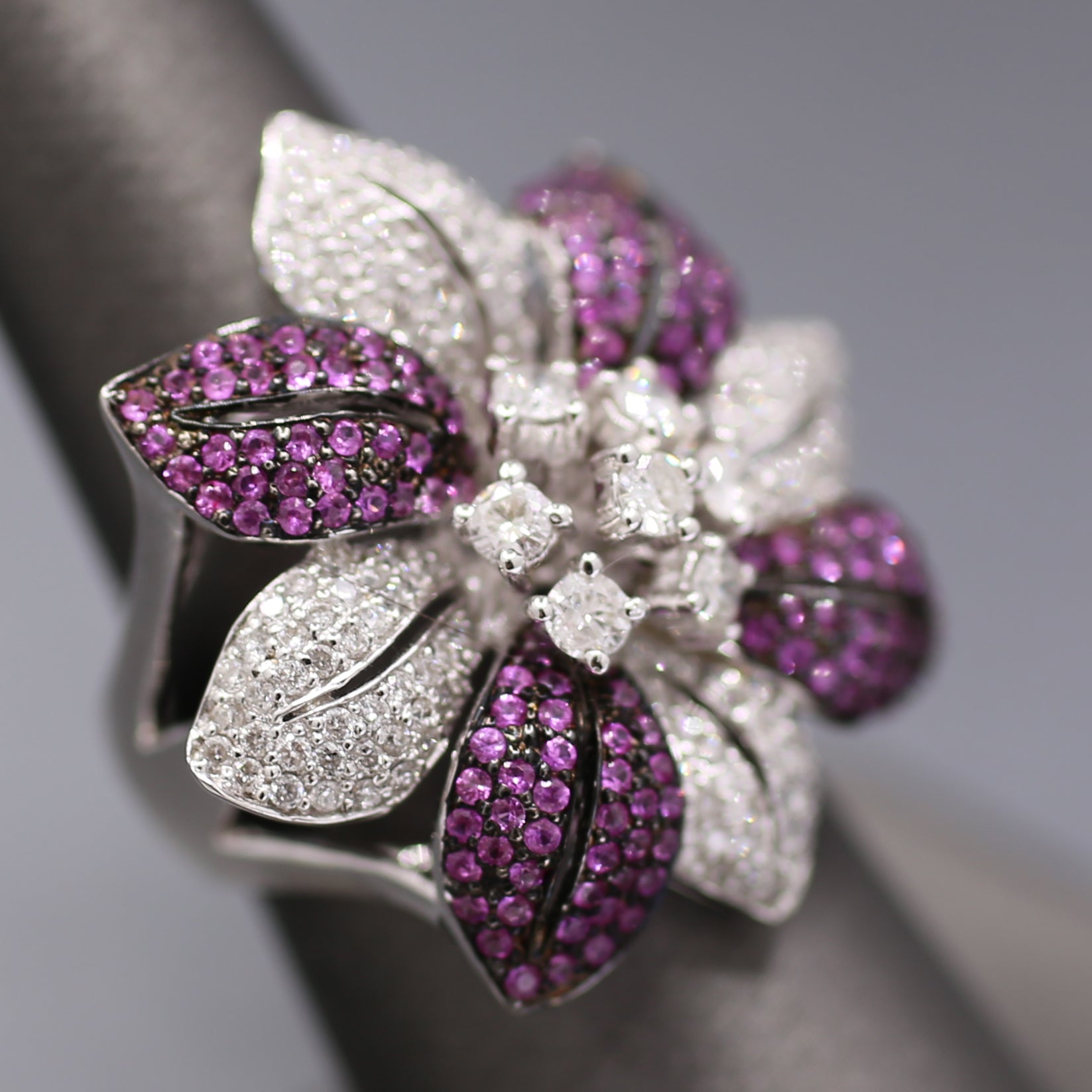 Bold Pink Sapphire and Diamond Flower Cocktail Ring in 18k White Gold