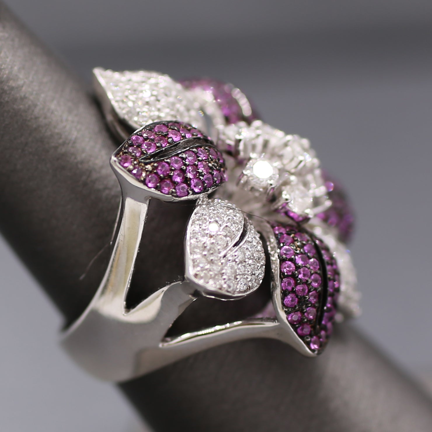 Bold Pink Sapphire and Diamond Flower Cocktail Ring in 18k White Gold