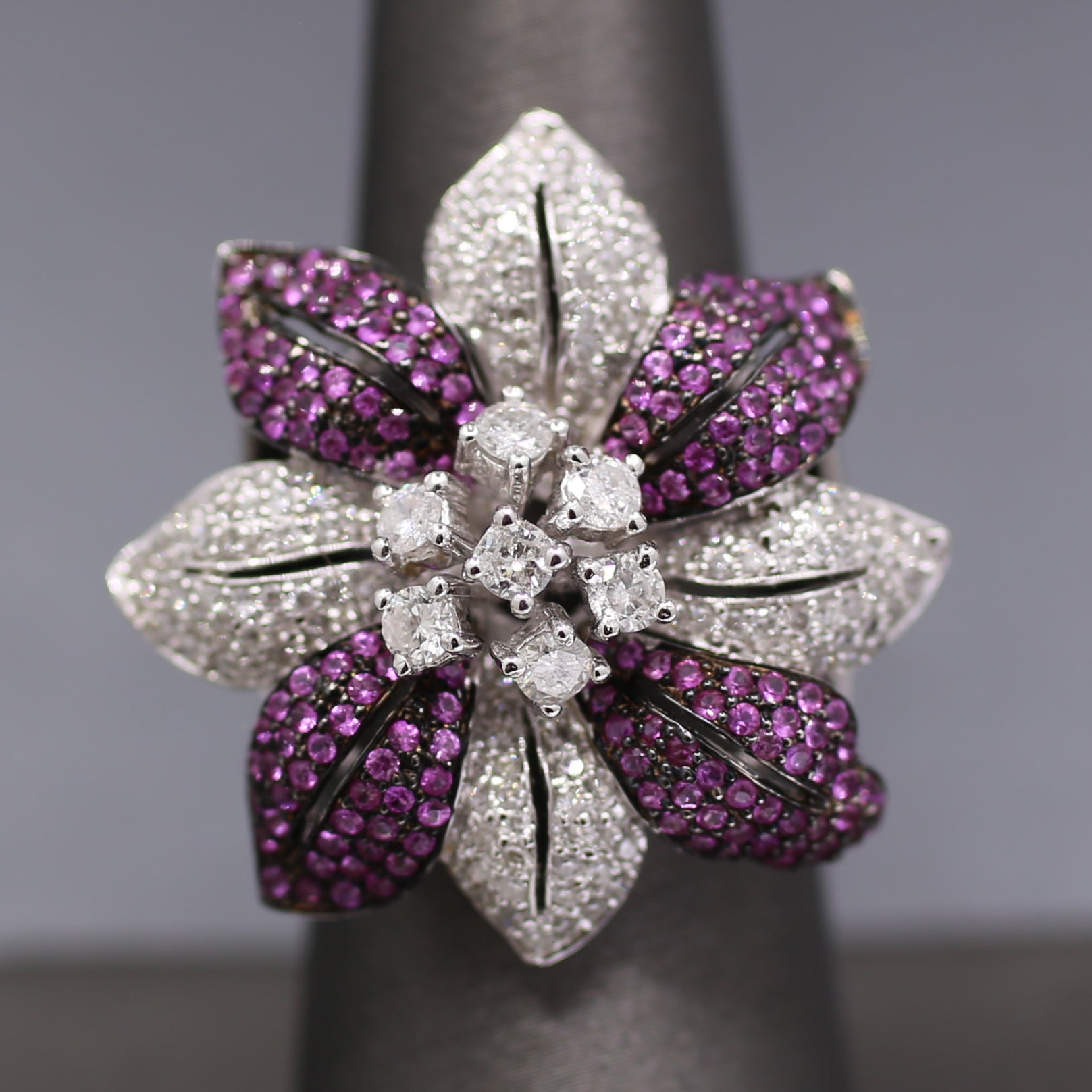 Bold Pink Sapphire and Diamond Flower Cocktail Ring in 18k White Gold