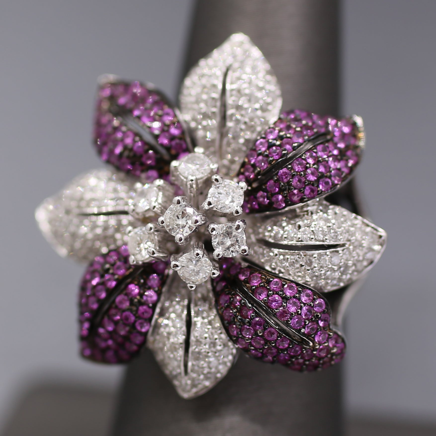Bold Pink Sapphire and Diamond Flower Cocktail Ring in 18k White Gold
