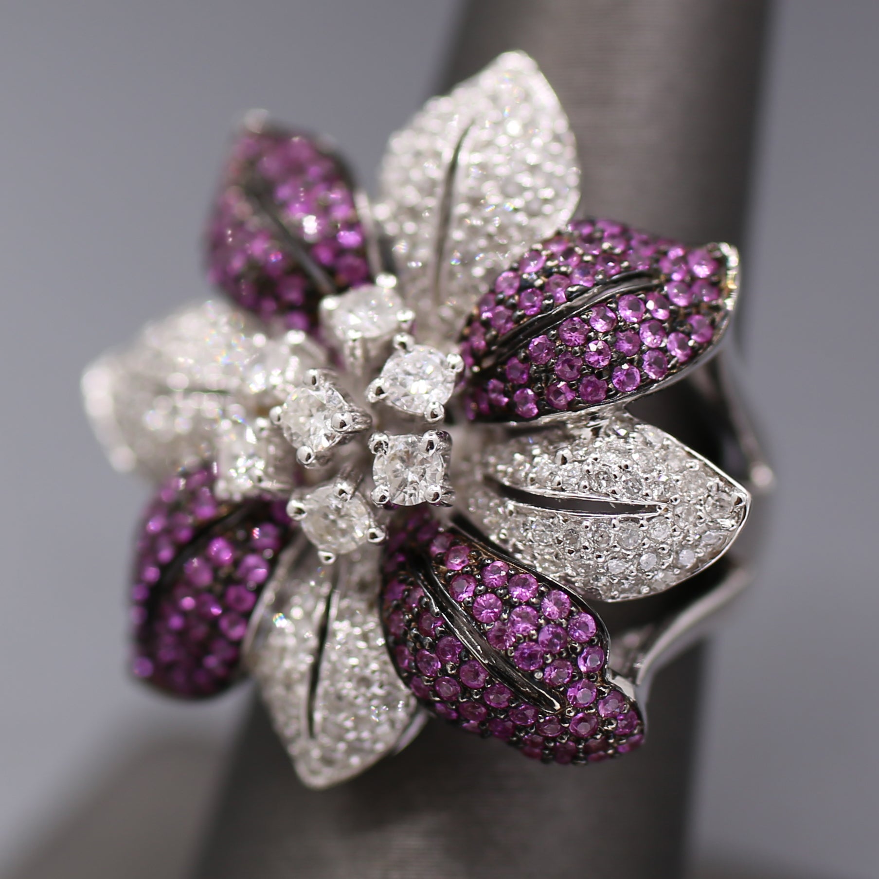 Bold Pink Sapphire and Diamond Flower Cocktail Ring in 18k White Gold