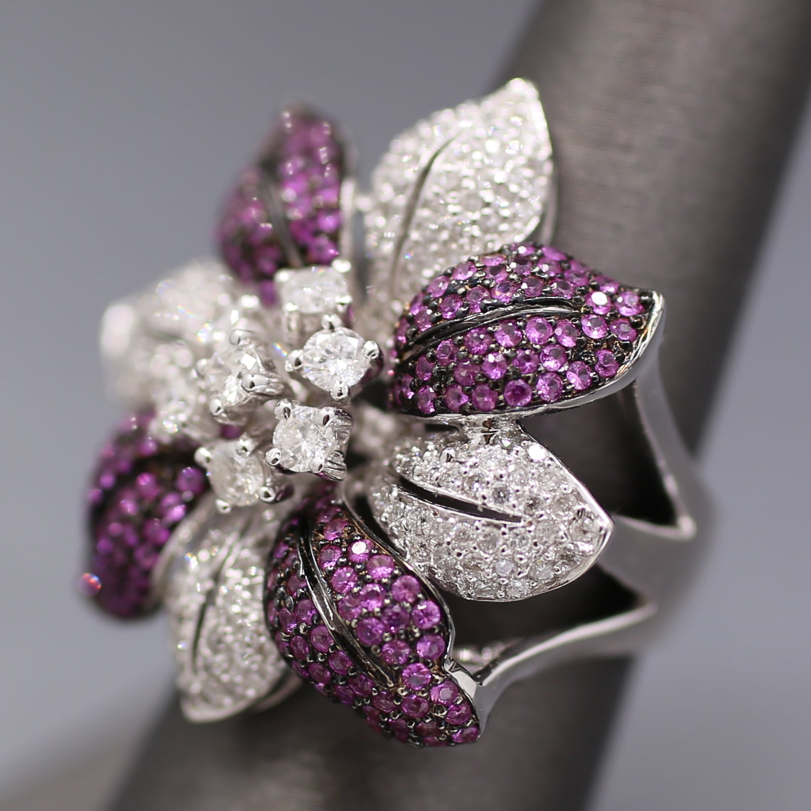 Bold Pink Sapphire and Diamond Flower Cocktail Ring in 18k White Gold