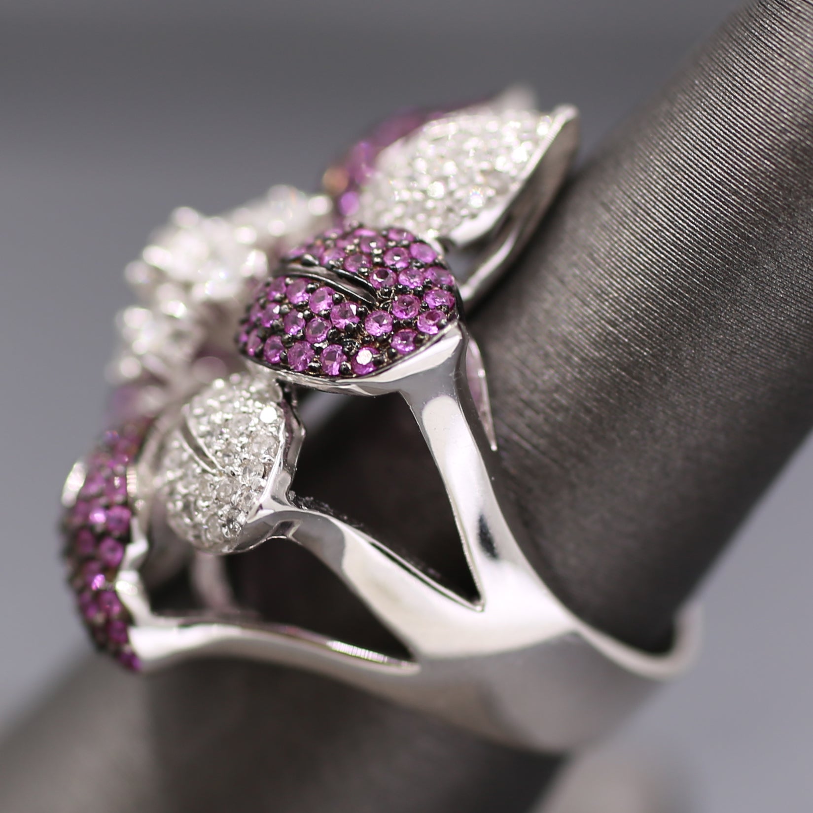 Bold Pink Sapphire and Diamond Flower Cocktail Ring in 18k White Gold