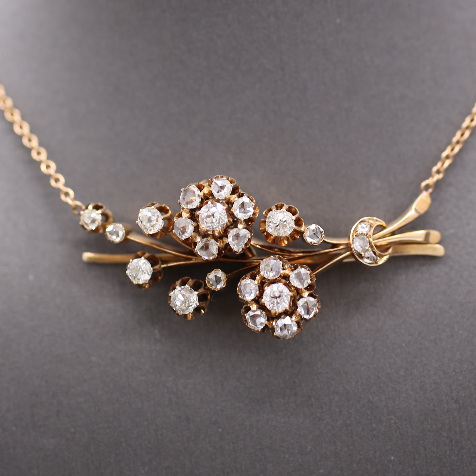 Victorian Old European & Rose Cut Diamond Flower Necklace in 14k Rose Gold