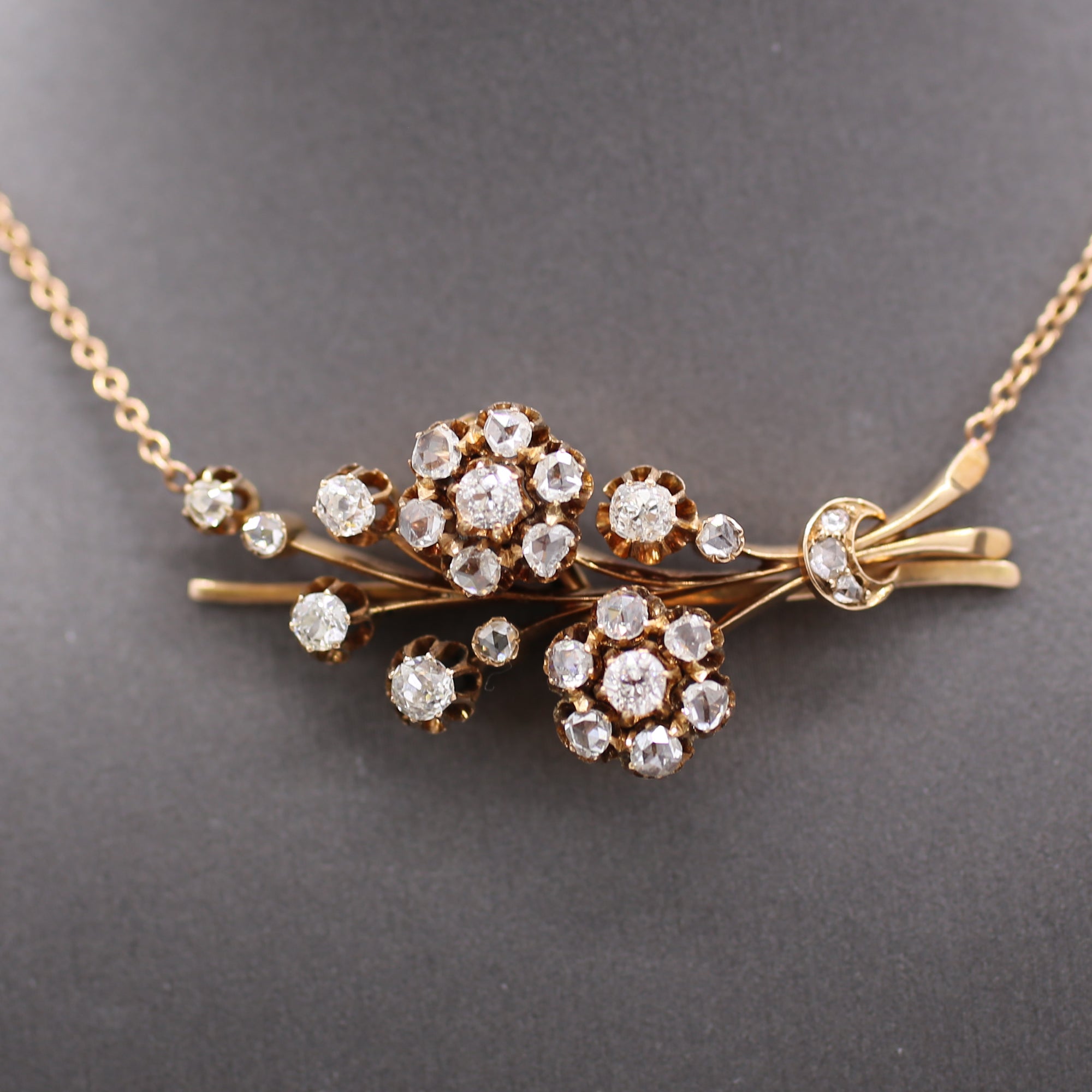 Victorian Old European & Rose Cut Diamond Flower Necklace in 14k Rose Gold