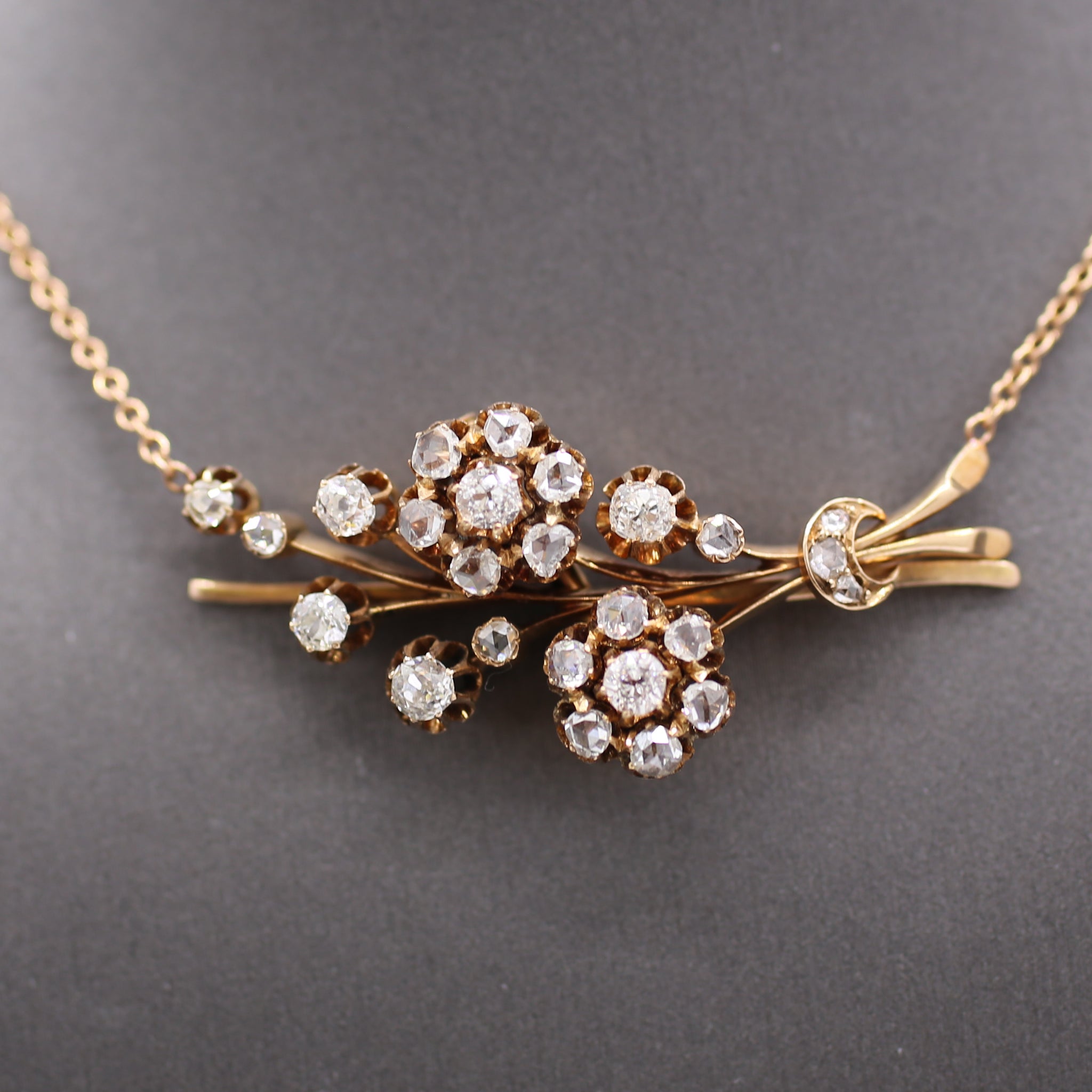 Victorian Old European & Rose Cut Diamond Flower Necklace in 14k Rose Gold