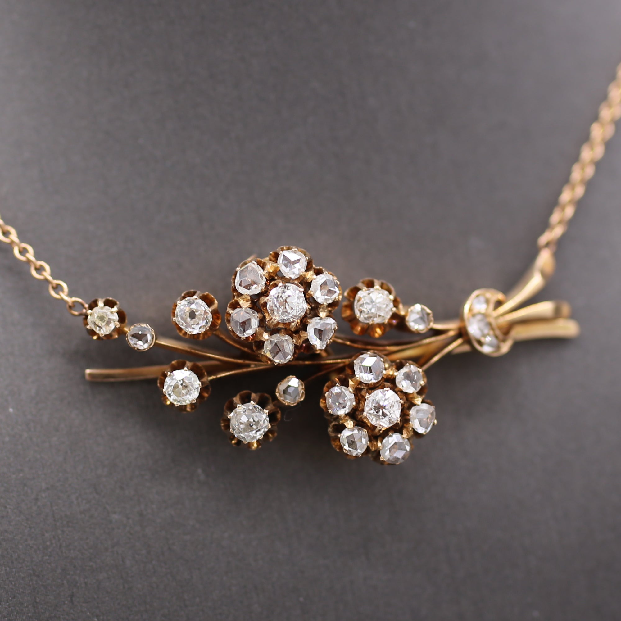 Victorian Old European & Rose Cut Diamond Flower Necklace in 14k Rose Gold