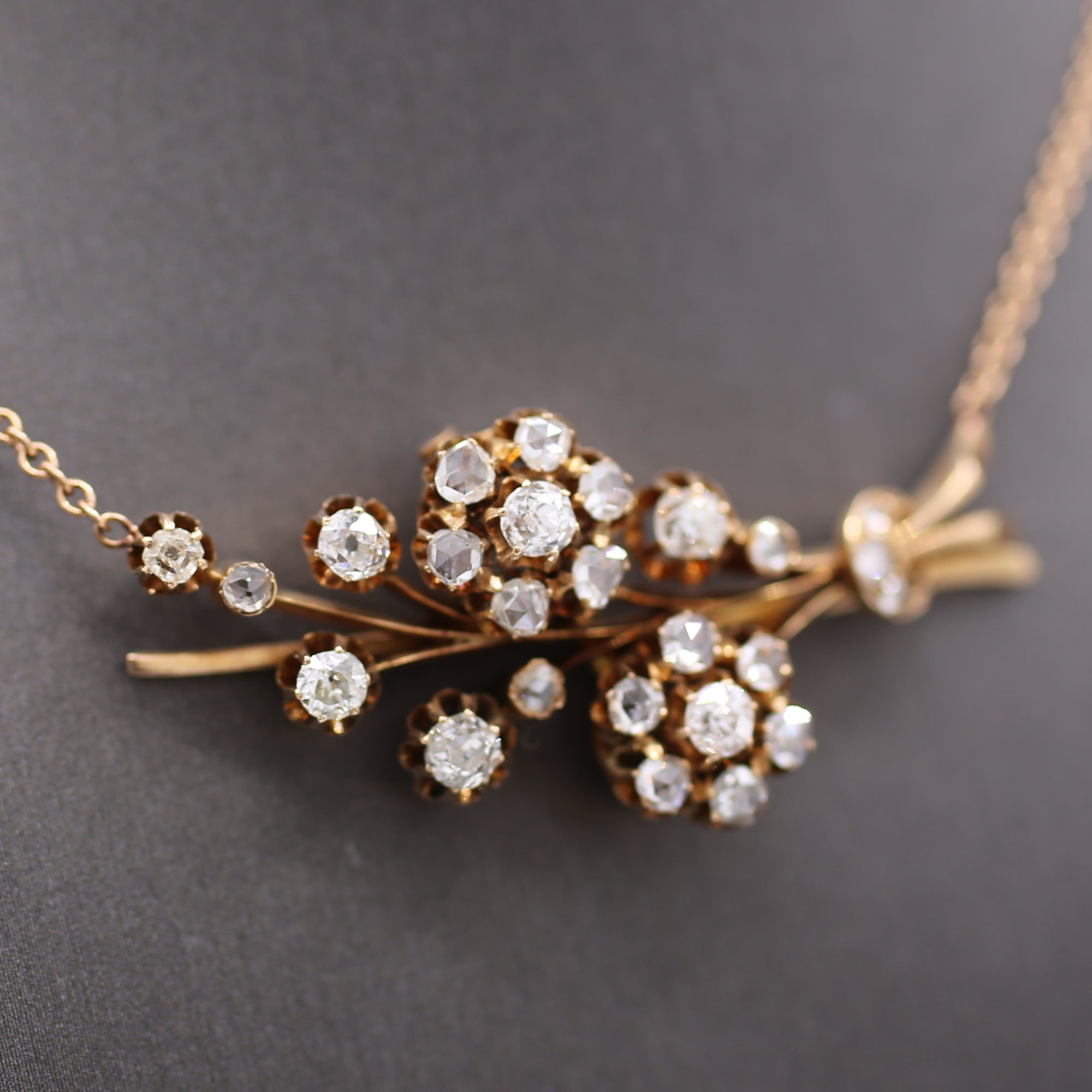 Victorian Old European & Rose Cut Diamond Flower Necklace in 14k Rose Gold